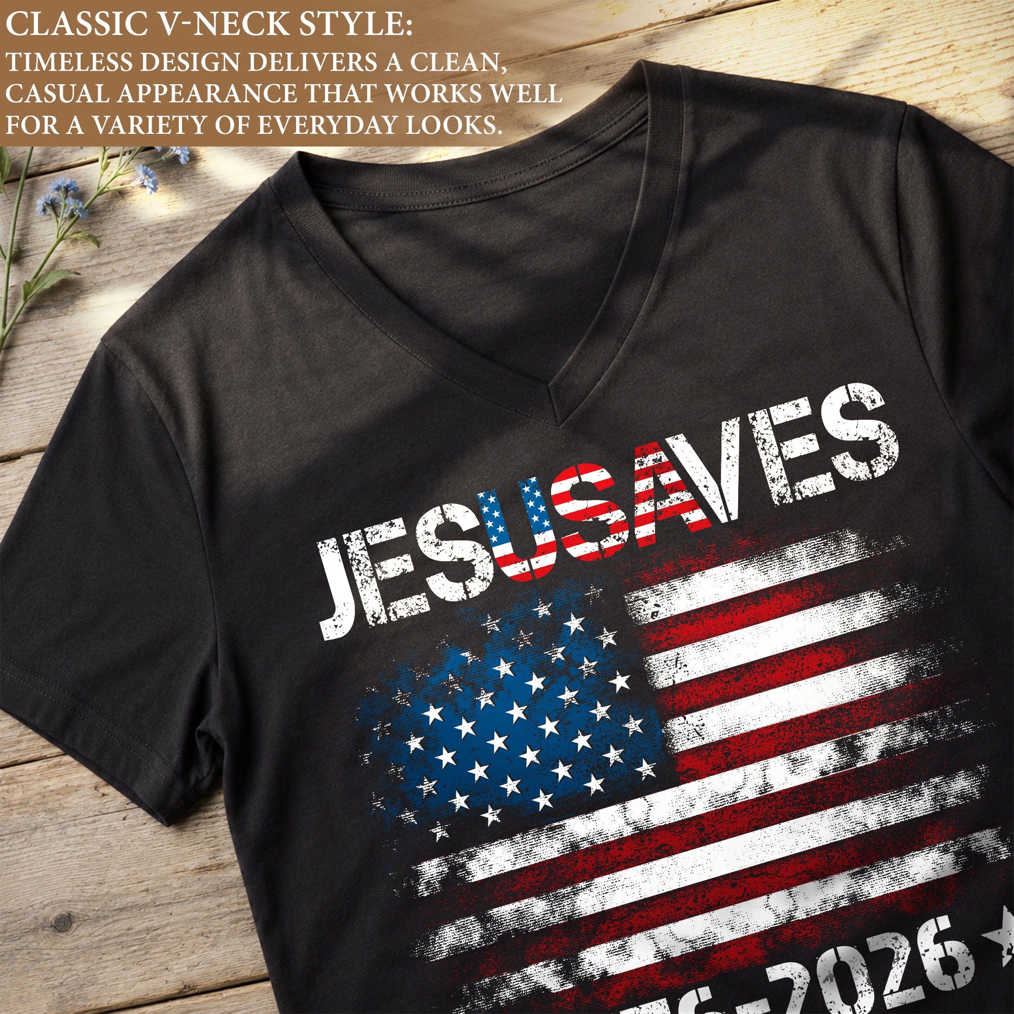 Women's Flag JESUSAVES 1776-2026 V-Neck Tee - Patriotic Graphic Summer Item