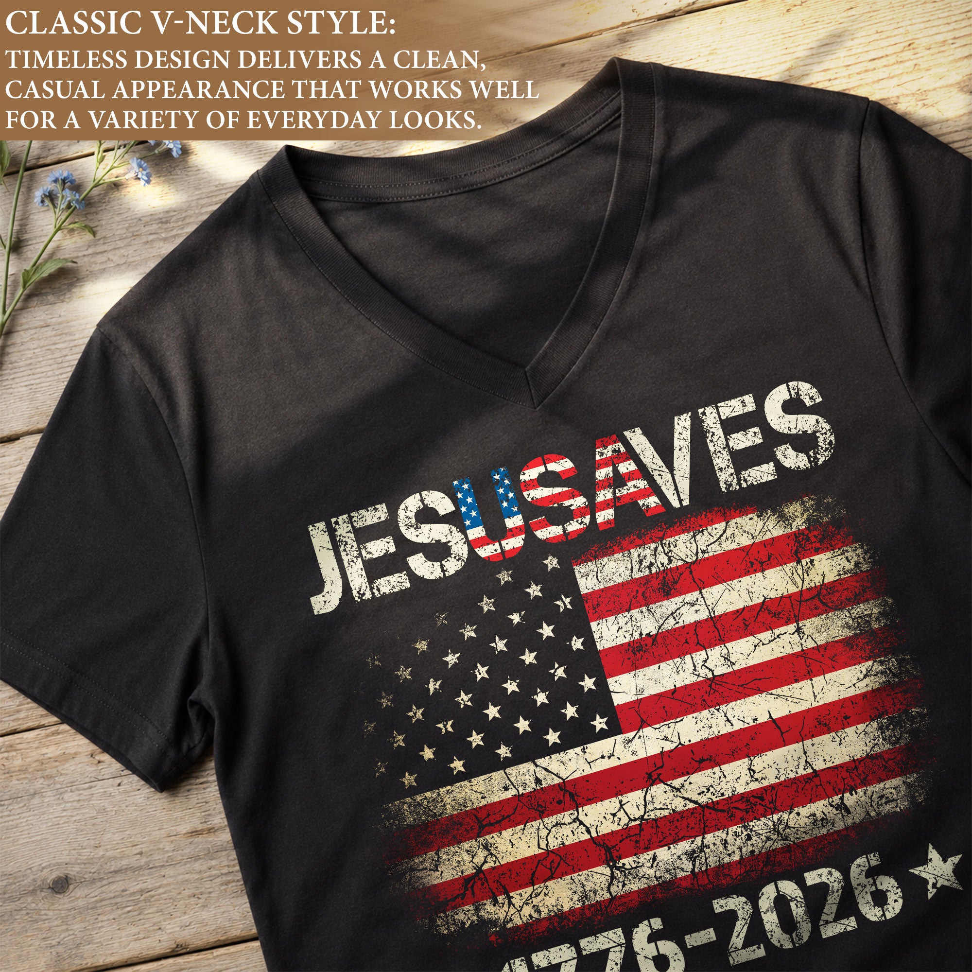 Women's JESUSAVES 1776-2026 V-Neck Tee - Patriotic Faith Graphic Summer Shirt