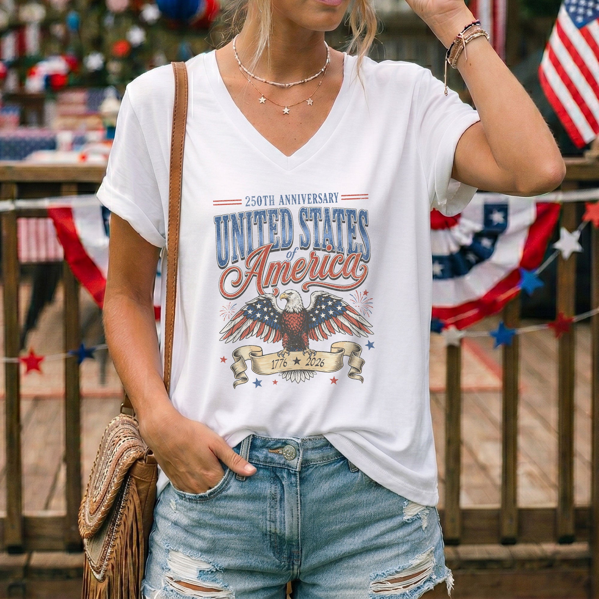 250th Anniversary United States Of America V-Neck Tee Patriotic Women's Holiday Shirt