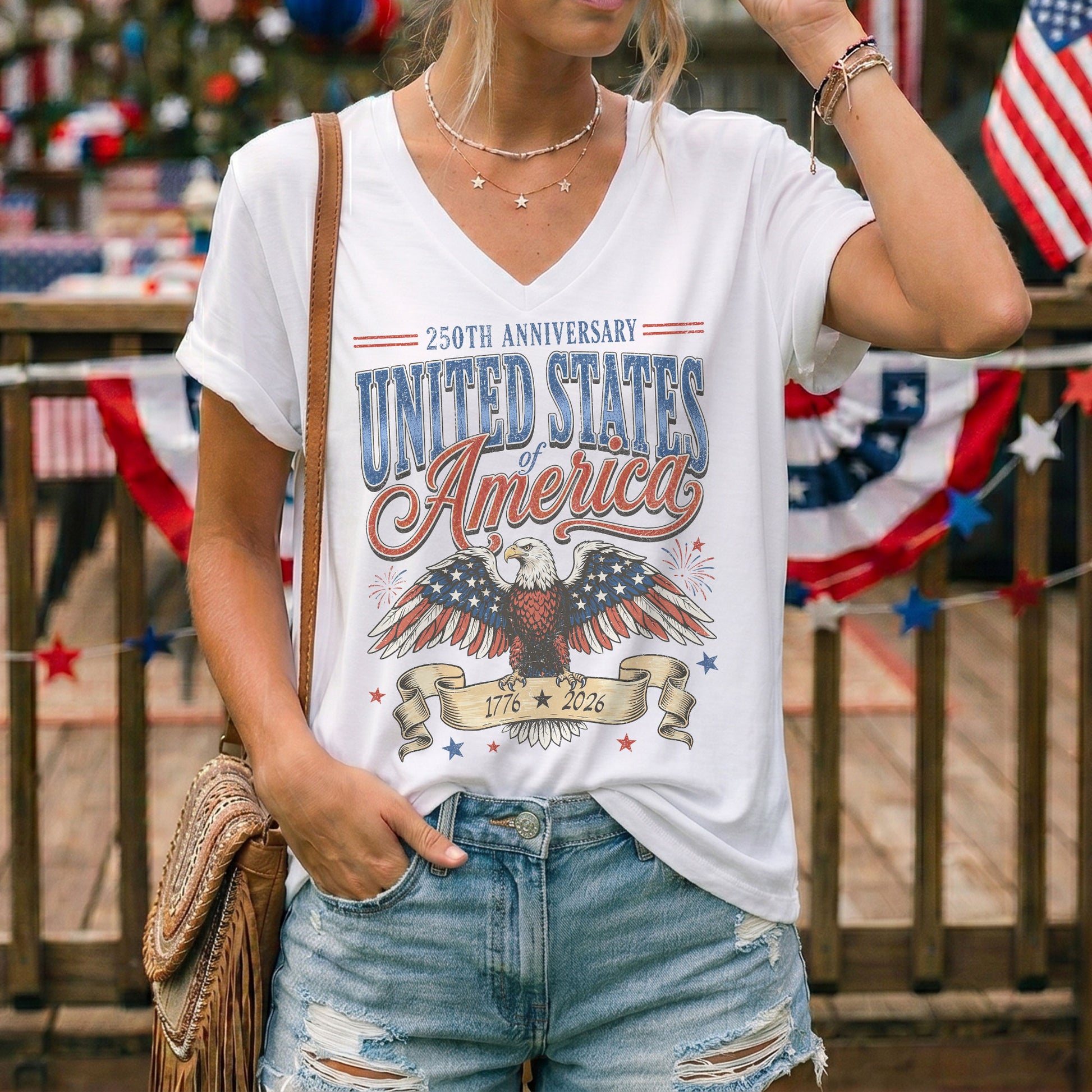 250th Anniversary United States Of America V-Neck Tee Patriotic Women's Holiday Shirt - Rust Field Wear
