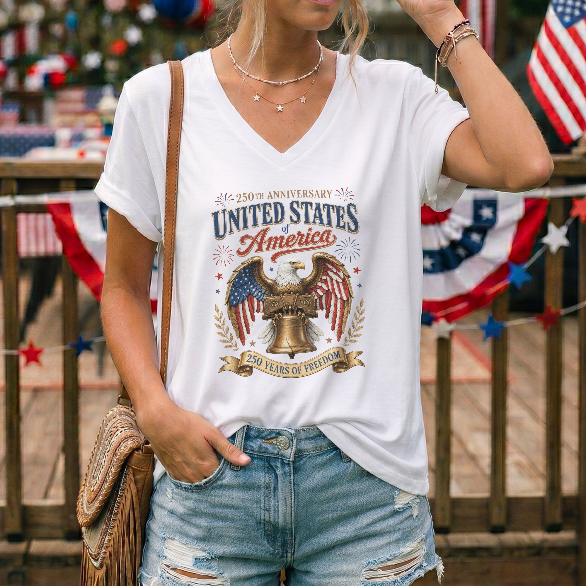 Patriotic 250th Anniversary V-Neck T-Shirt United States Of America Freedom Graphic