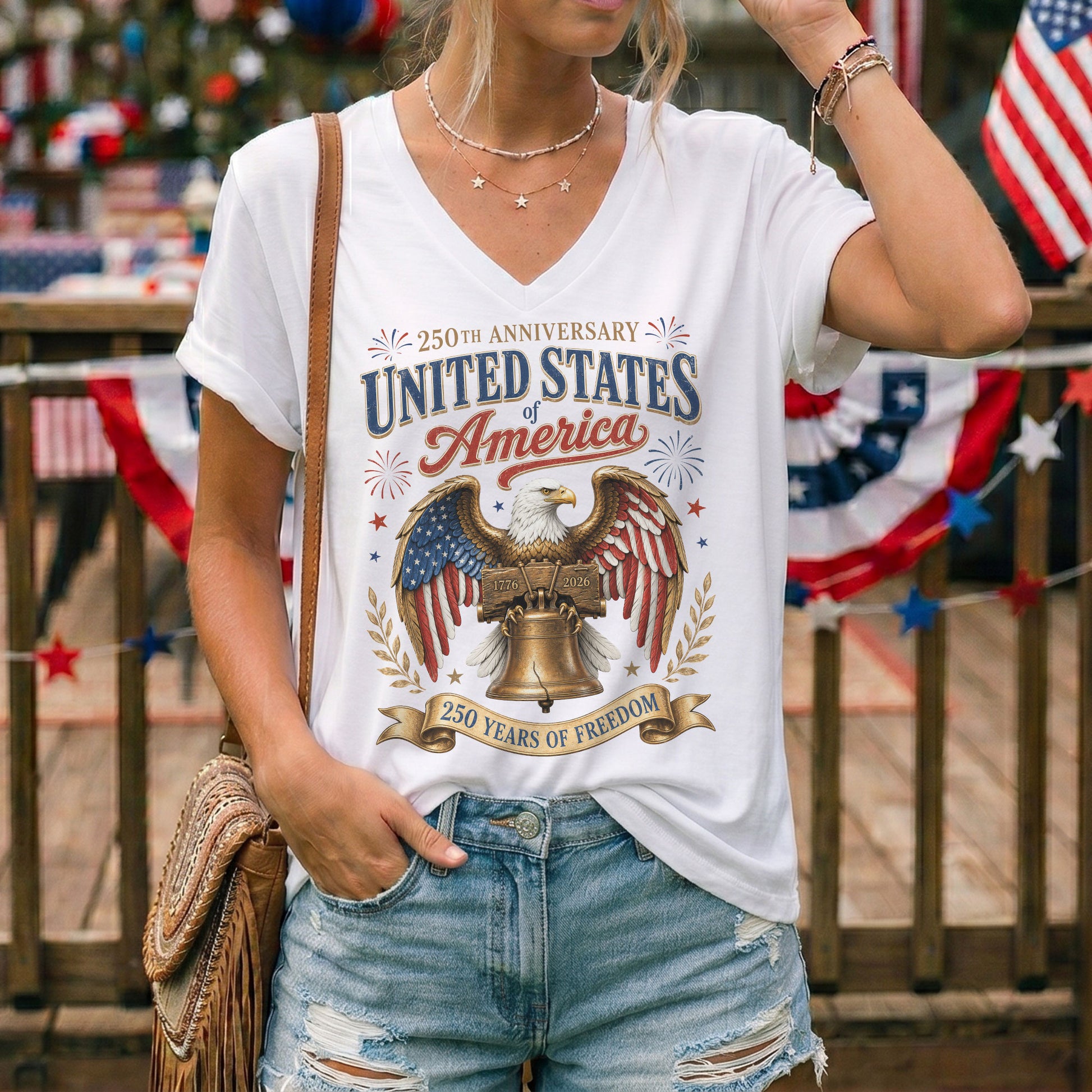 Patriotic 250th Anniversary V-Neck T-Shirt United States Of America Freedom Graphic - Rust Field Wear