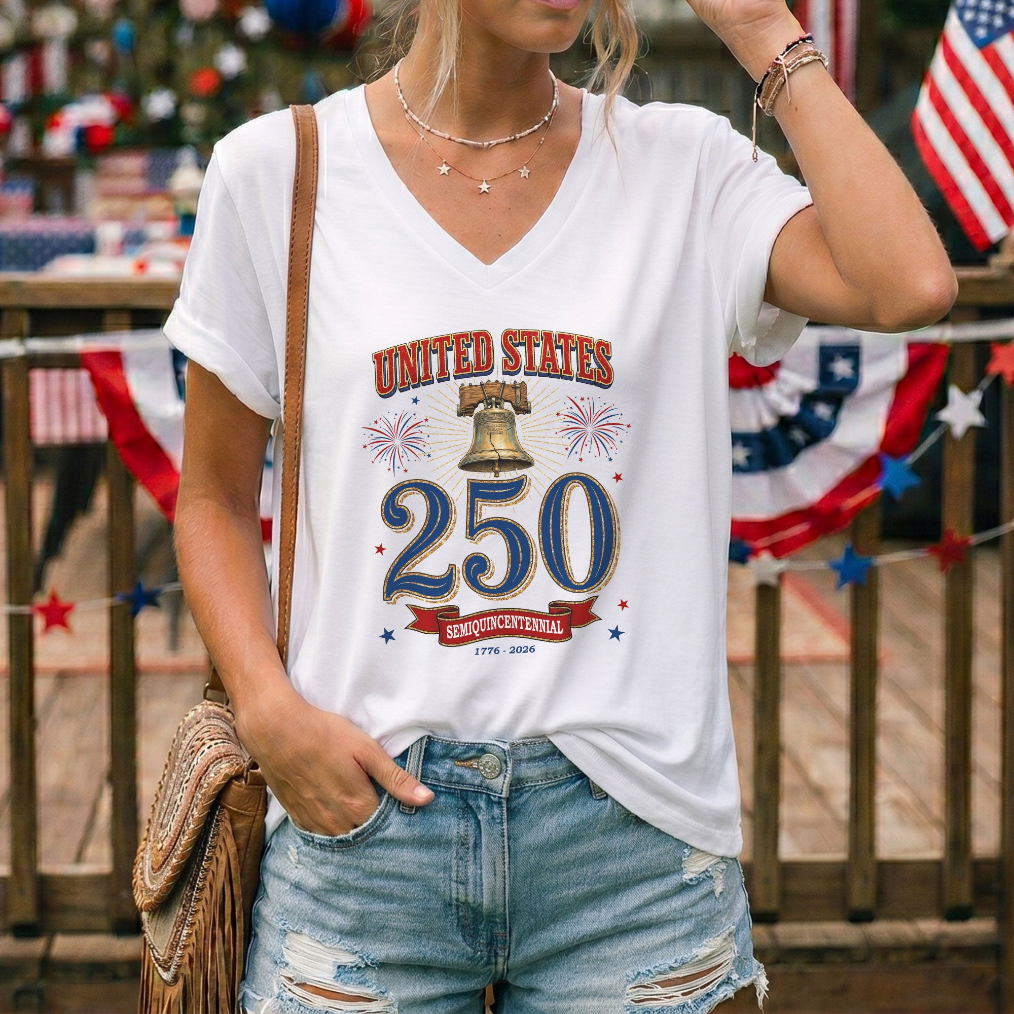 Women's V-Neck Graphic Top United States 250 Years Anniversary Celebration Tee