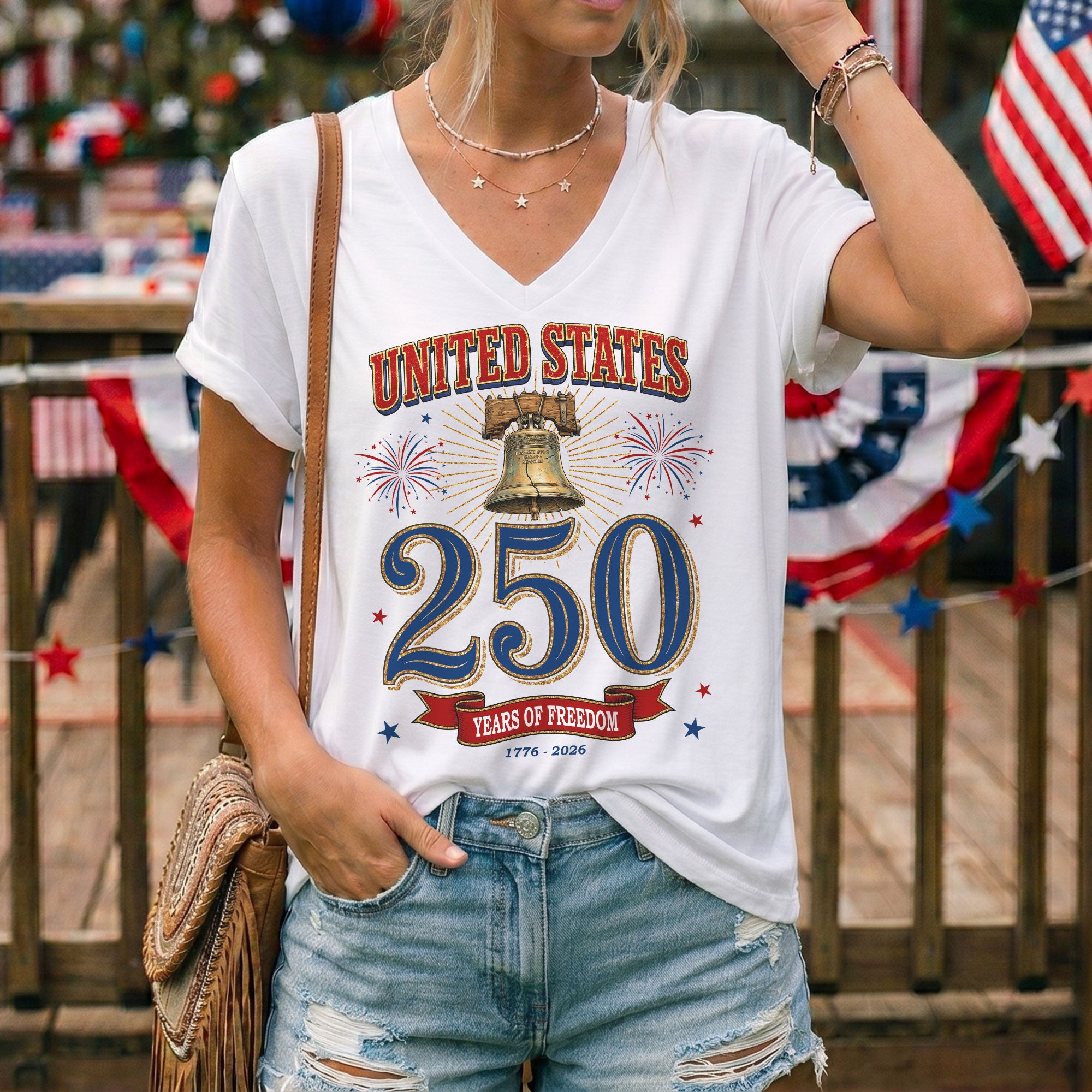 Women's V-Neck Graphic Top United States 250 Years Anniversary Celebration Tee - Rust Field Wear
