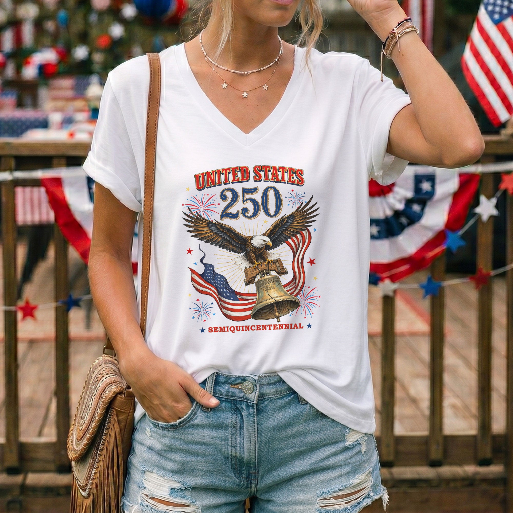 Historical United States 250th Anniversary V-Neck Shirt Patriotic Holiday Wear Tee