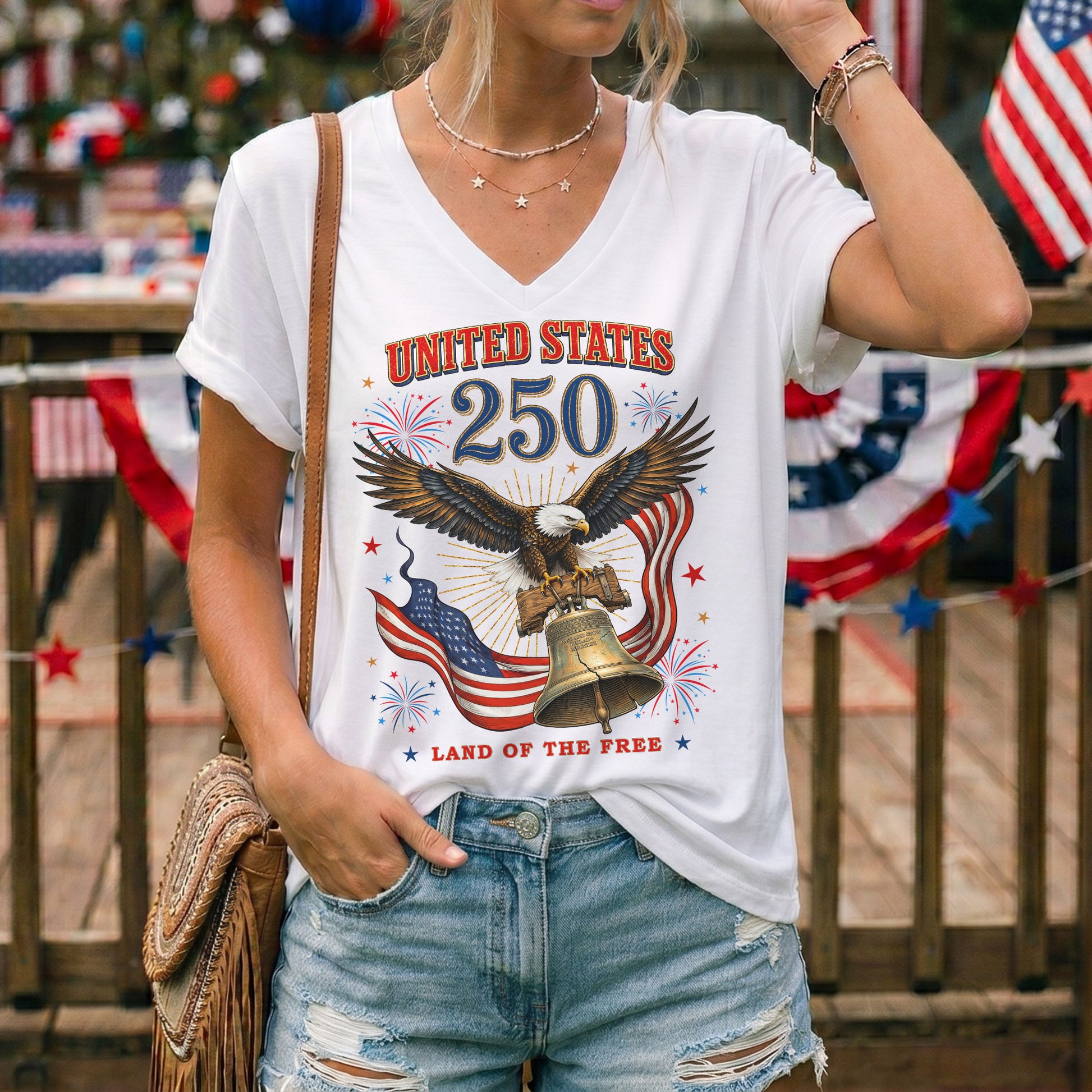 Historical United States 250th Anniversary V-Neck Shirt Patriotic Holiday Wear Tee - Rust Field Wear