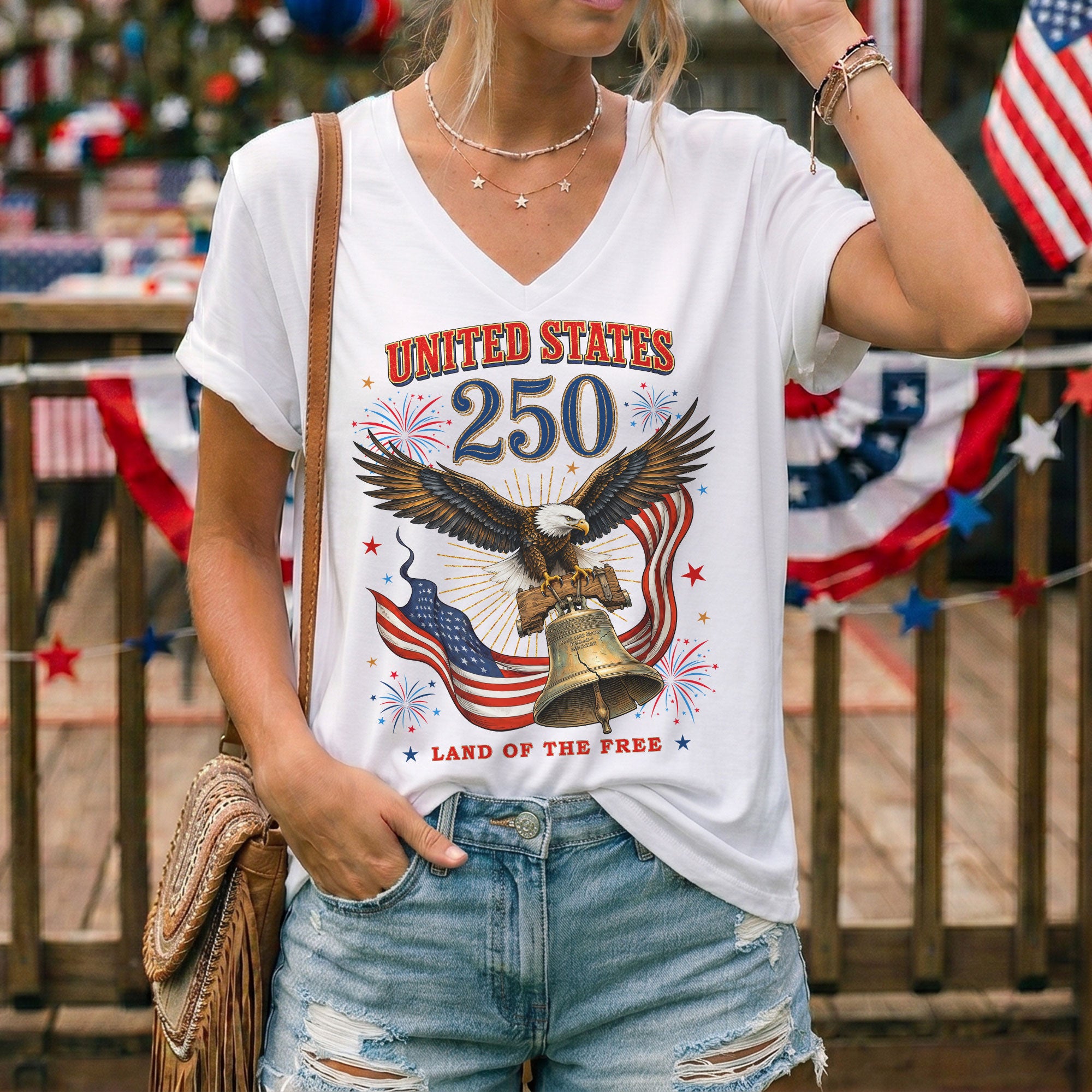Historical United States 250th Anniversary V-Neck Shirt Patriotic Holiday Wear Tee - Rust Field Wear