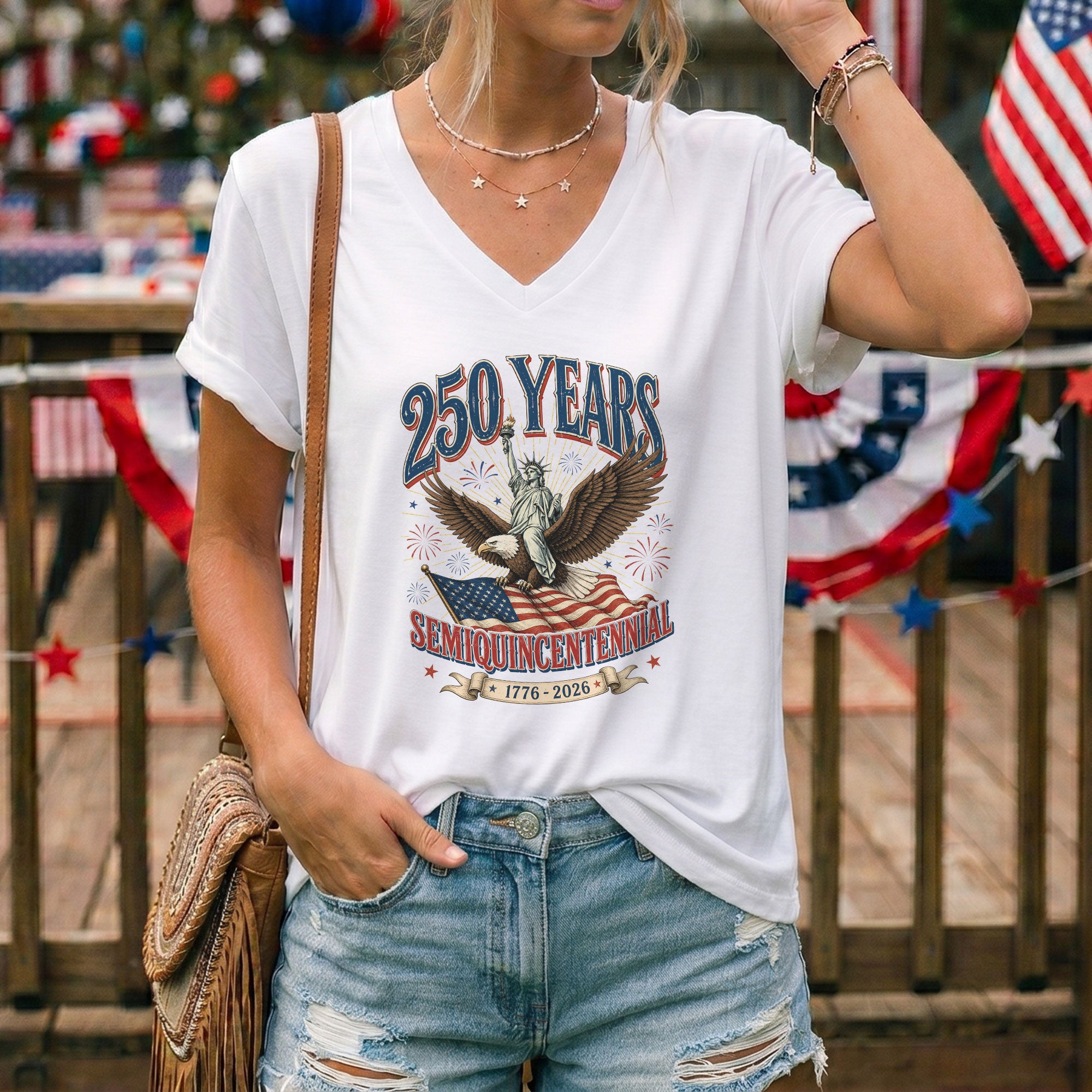 Patriotic United States 250 Years Anniversary V-Neck Tee Holiday Graphic Shirt Apparel