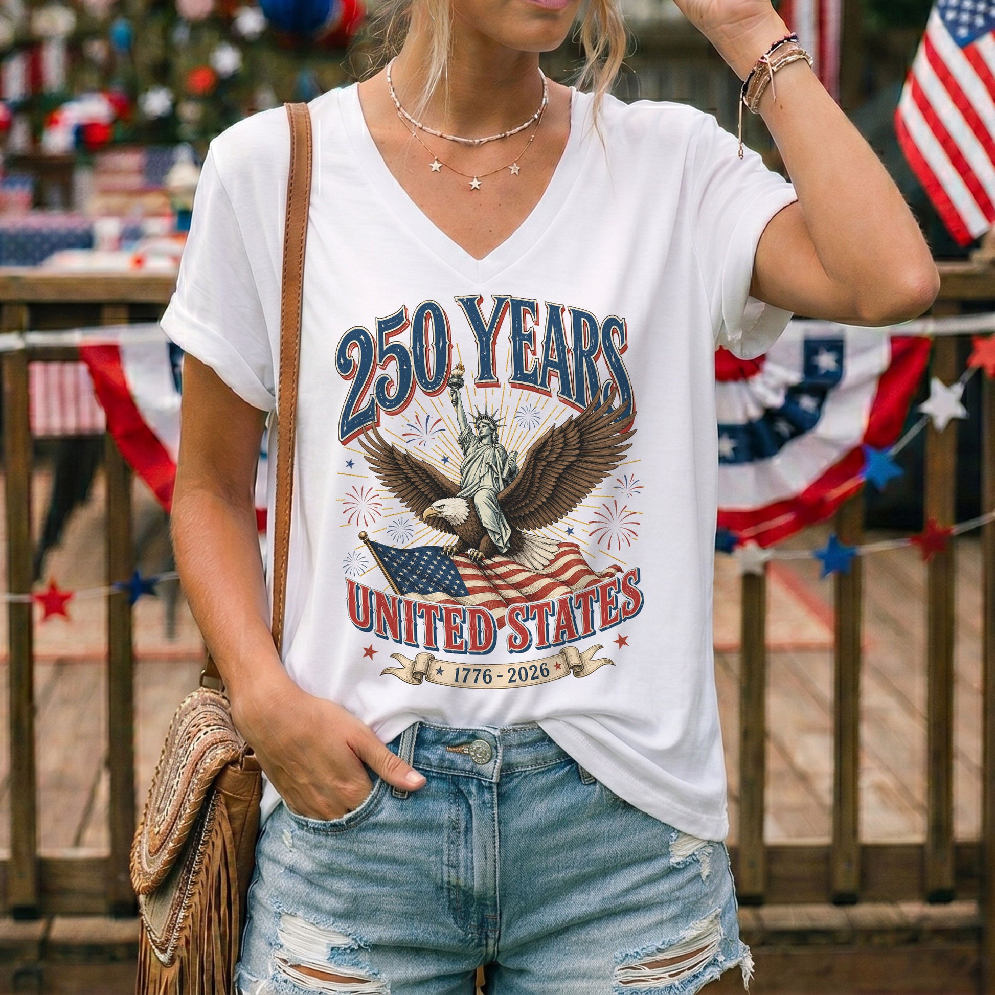 Patriotic United States 250 Years Anniversary V-Neck Tee Holiday Graphic Shirt Apparel - Rust Field Wear