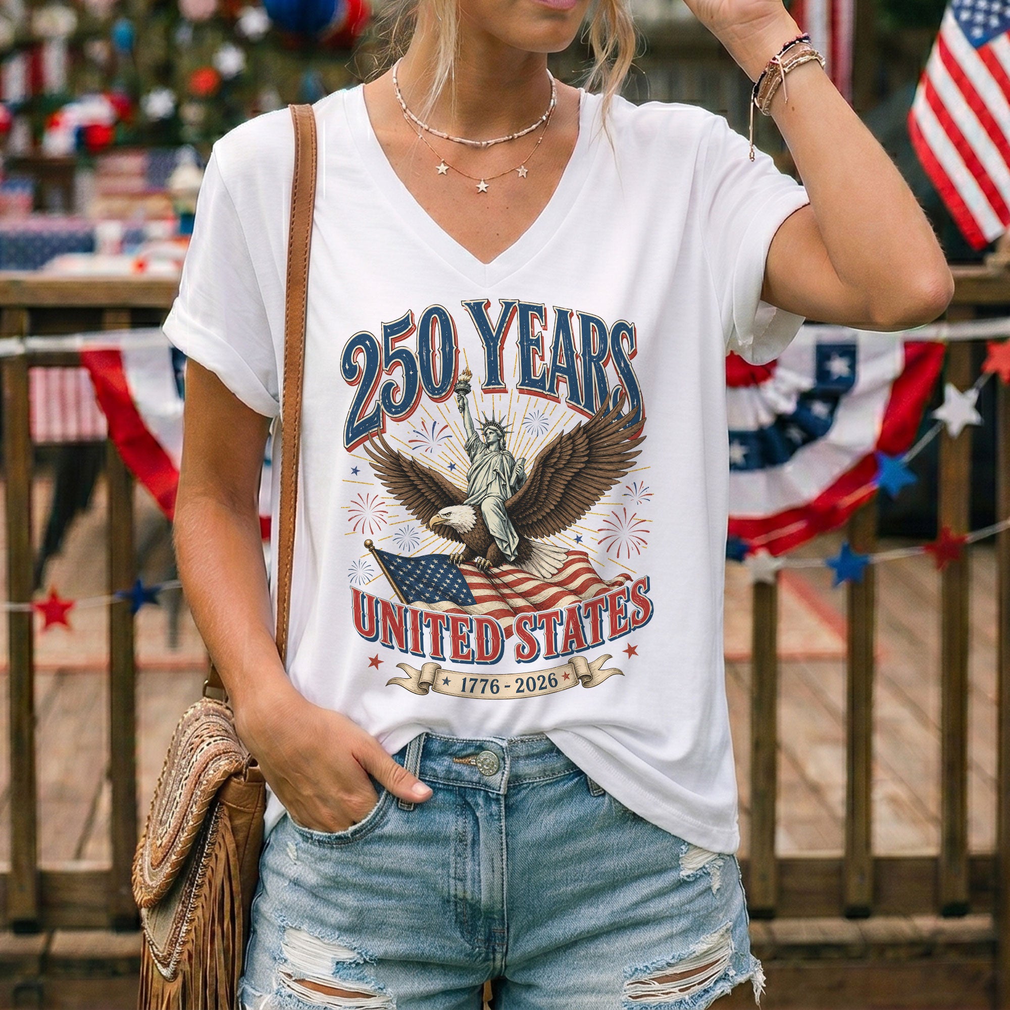 Patriotic United States 250 Years Anniversary V-Neck Tee Holiday Graphic Shirt Apparel - Rust Field Wear