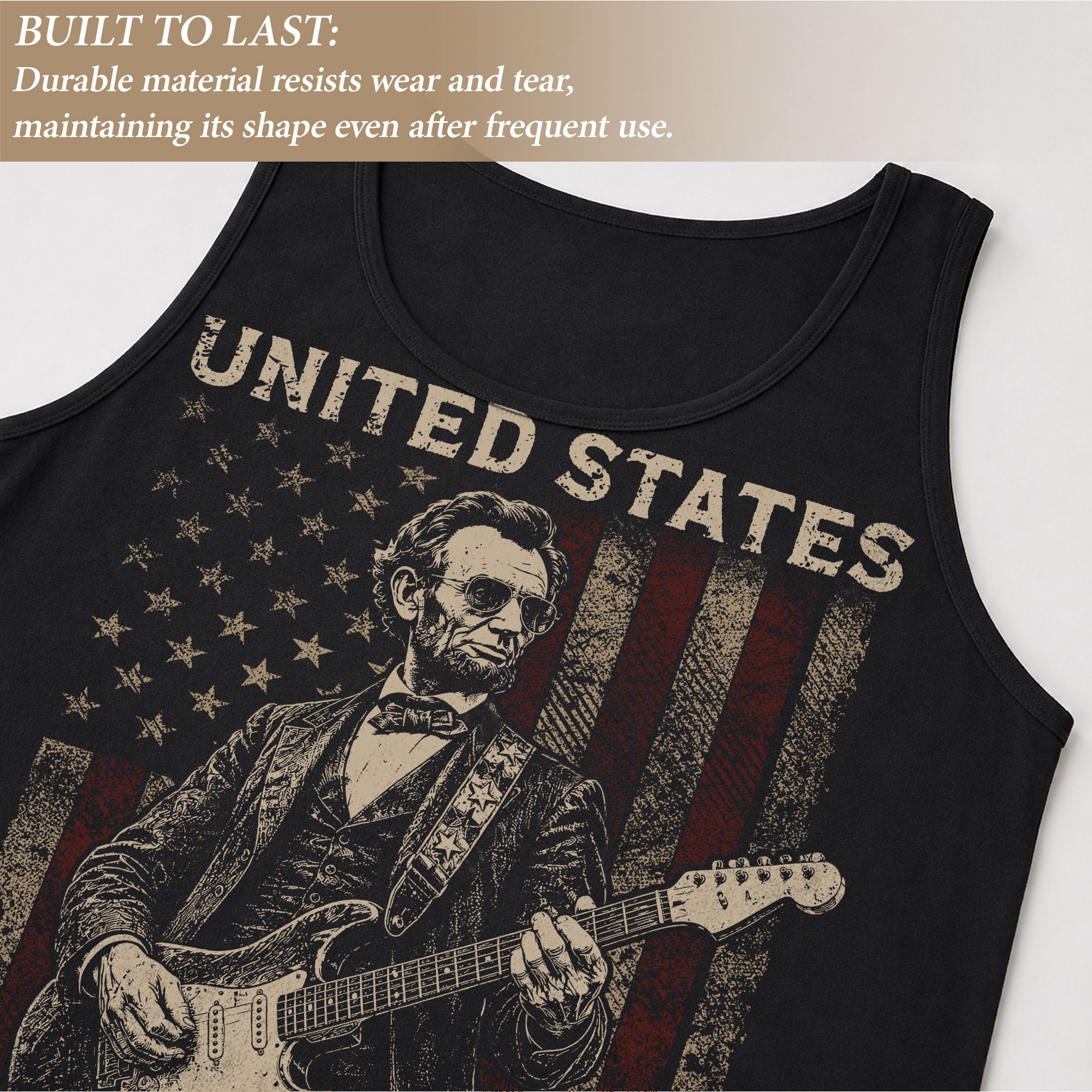 Abraham Lincoln Guitar Men Tank Top - Patriotic 1776 2026 Distressed US Flag Mens Shirt