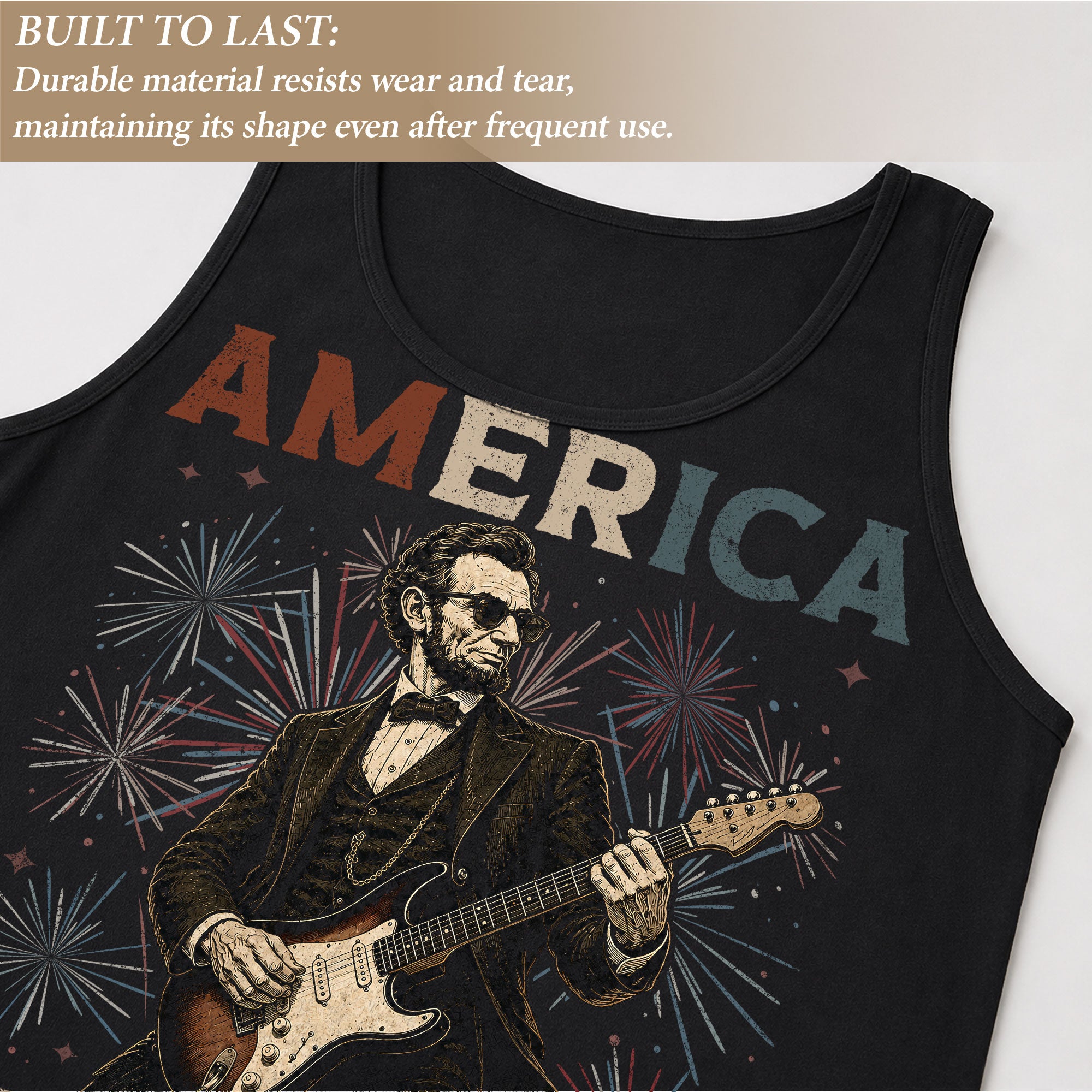 Rockstar Lincoln Fireworks Men Tank Top - Patriotic 1776 2026 Guitar Vintage Gym Shirt