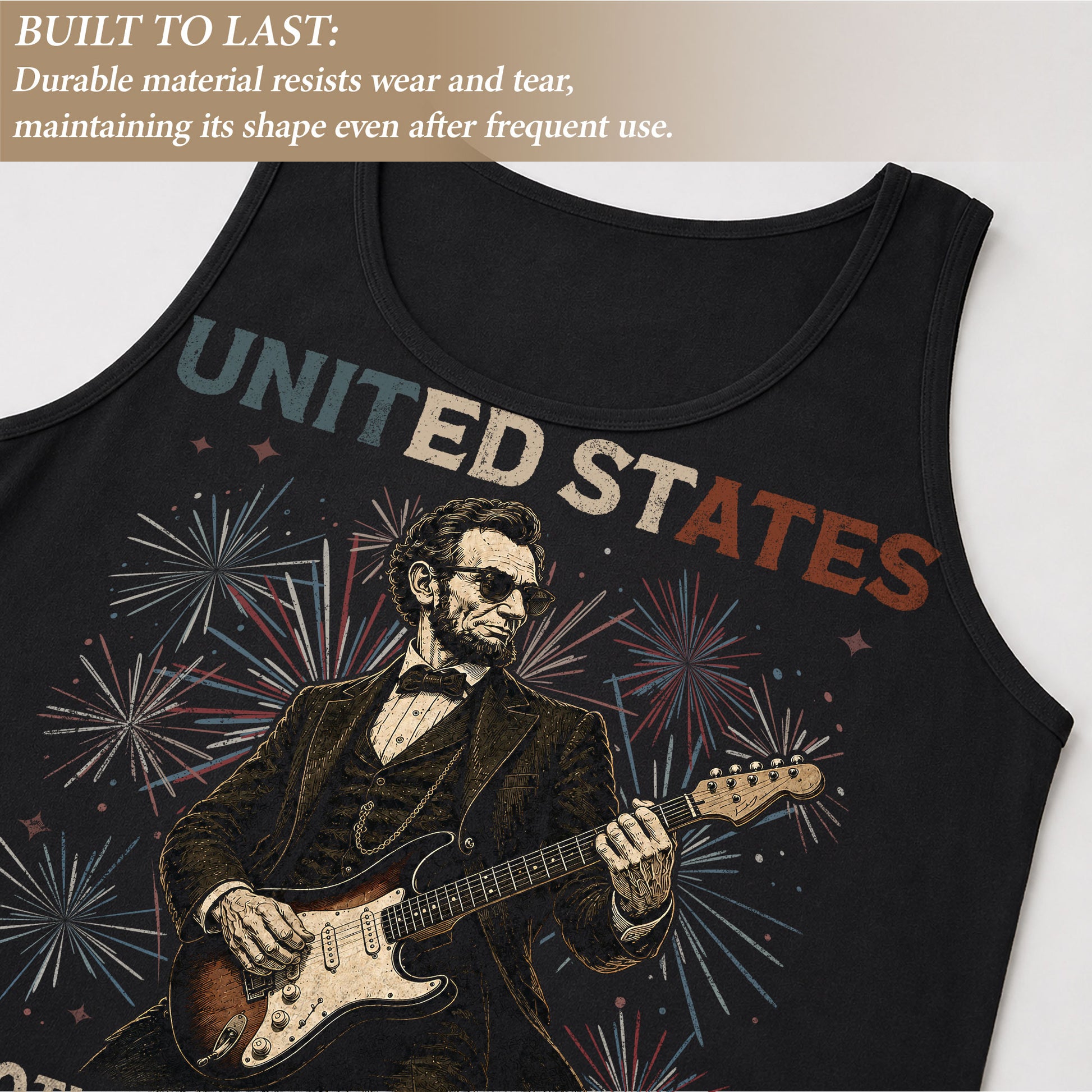 Rockstar Lincoln Fireworks Men Tank Top - Patriotic 1776 2026 Guitar Vintage Gym Shirt - Rust Field Wear