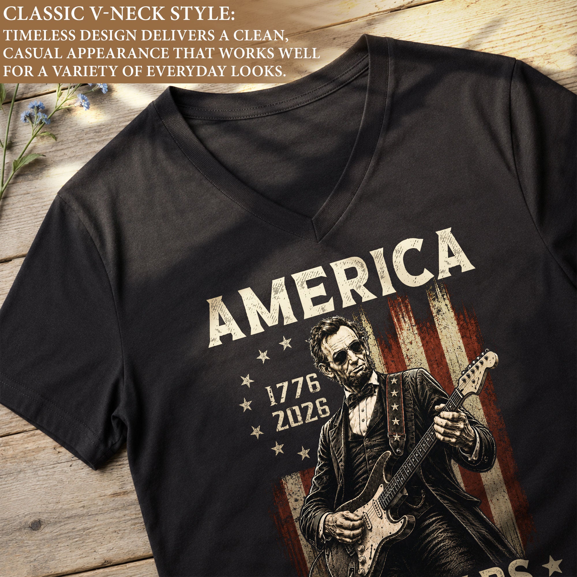 Lincoln Guitarist 1776-2026 Patriotic V-Neck Shirt - Graphic Summer Tee for Women
