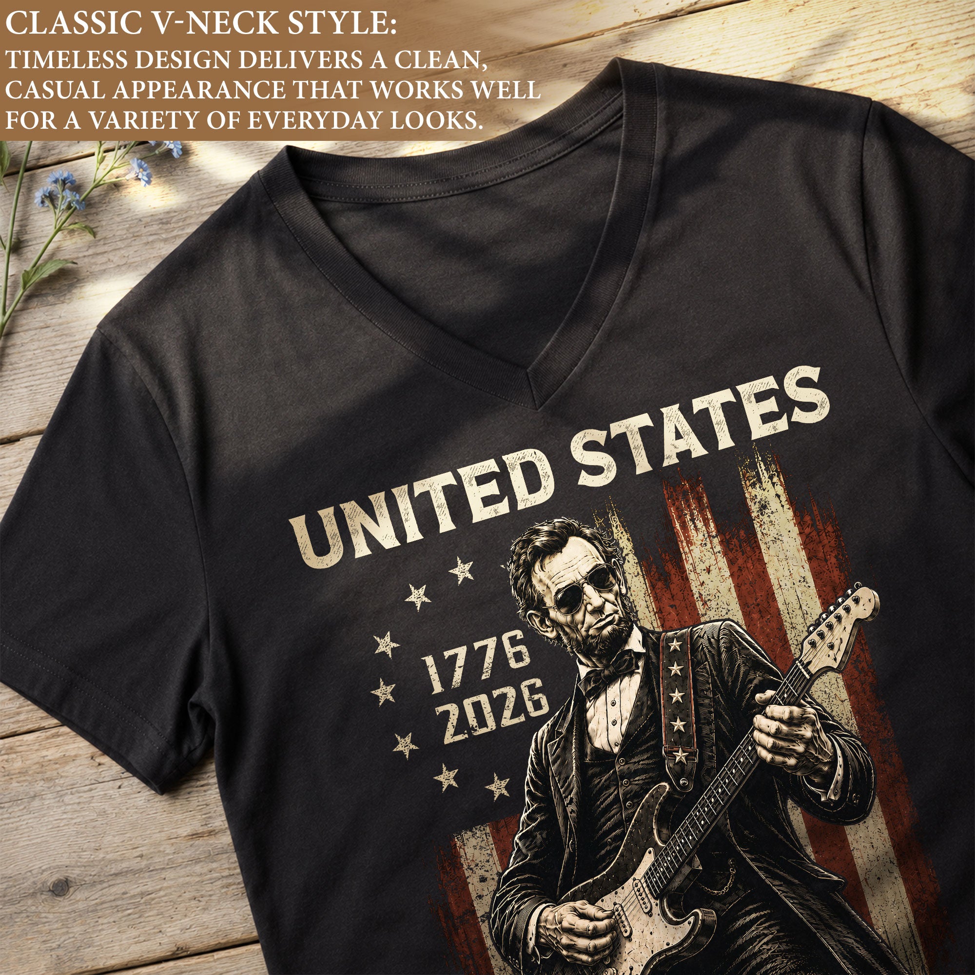 Lincoln Guitarist 1776-2026 Patriotic V-Neck Shirt - Graphic Summer Tee for Women