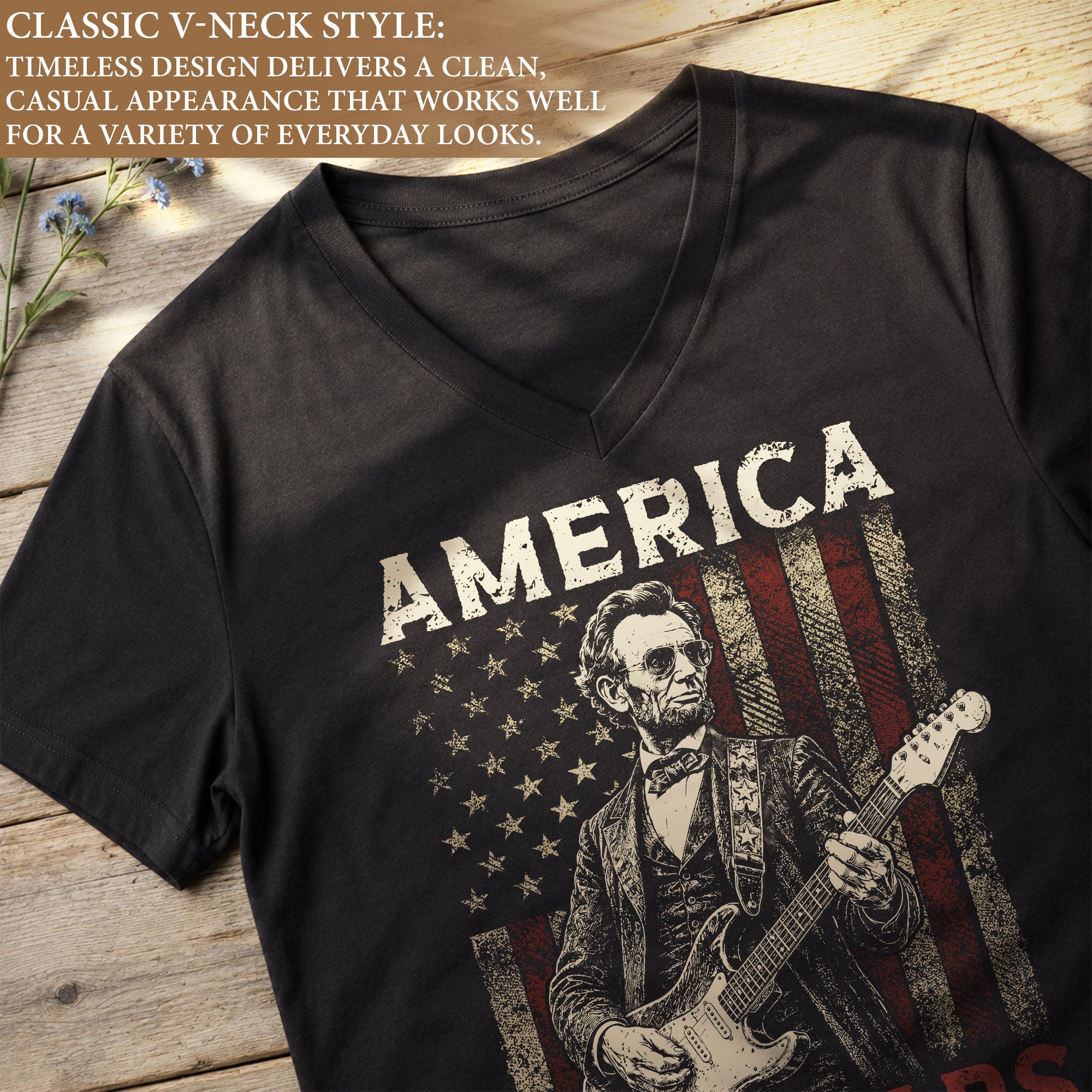 Women's Lincoln Guitarist 1776-2026 Patriotic V-Neck Tee - Graphic Summer Shirt Top