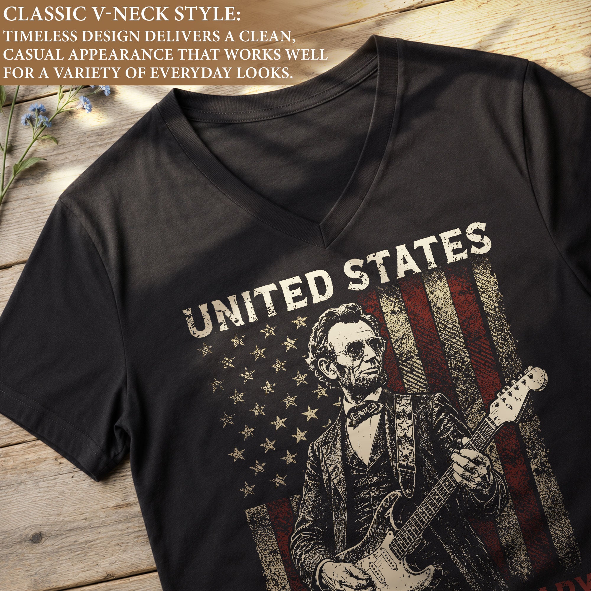 Women's Lincoln Guitarist 1776-2026 Patriotic V-Neck Tee - Graphic Summer Shirt Top