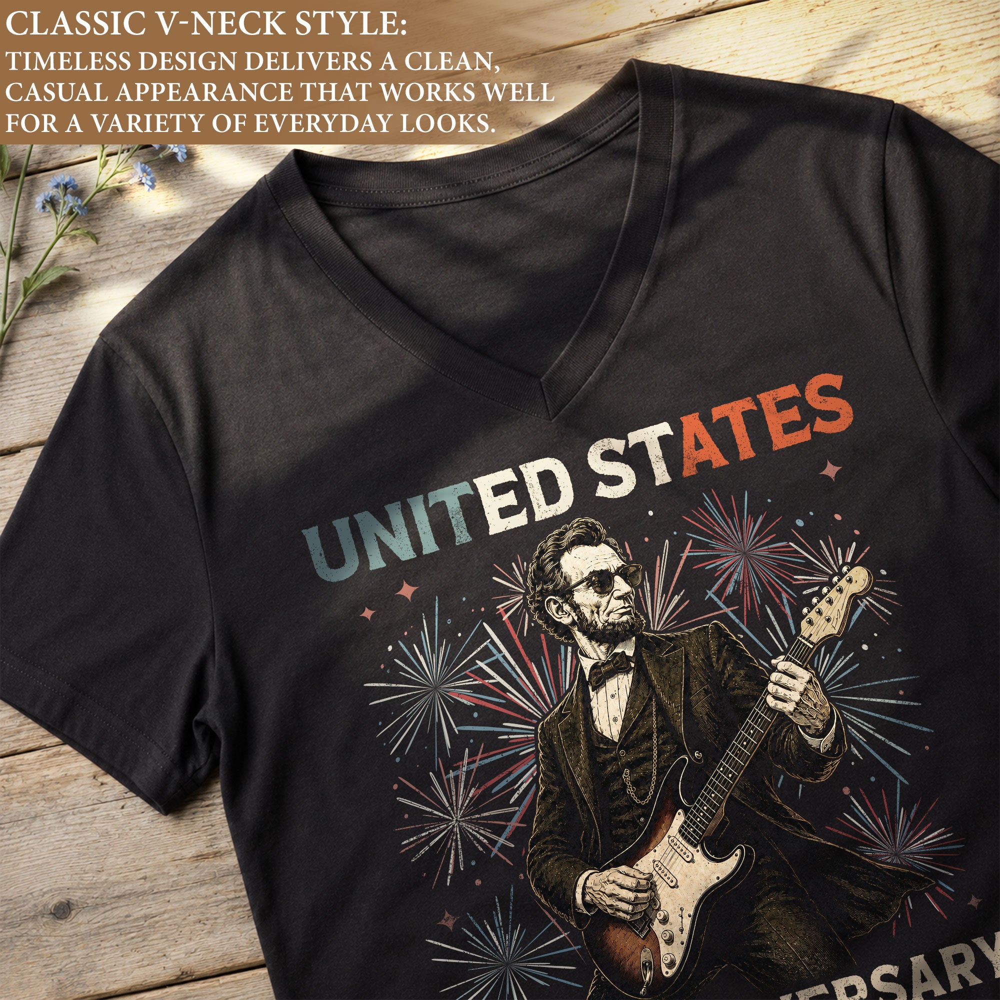 Lincoln Rocker 1776-2026 Patriotic V-Neck Tee - Women's Graphic Summer Shirt Top