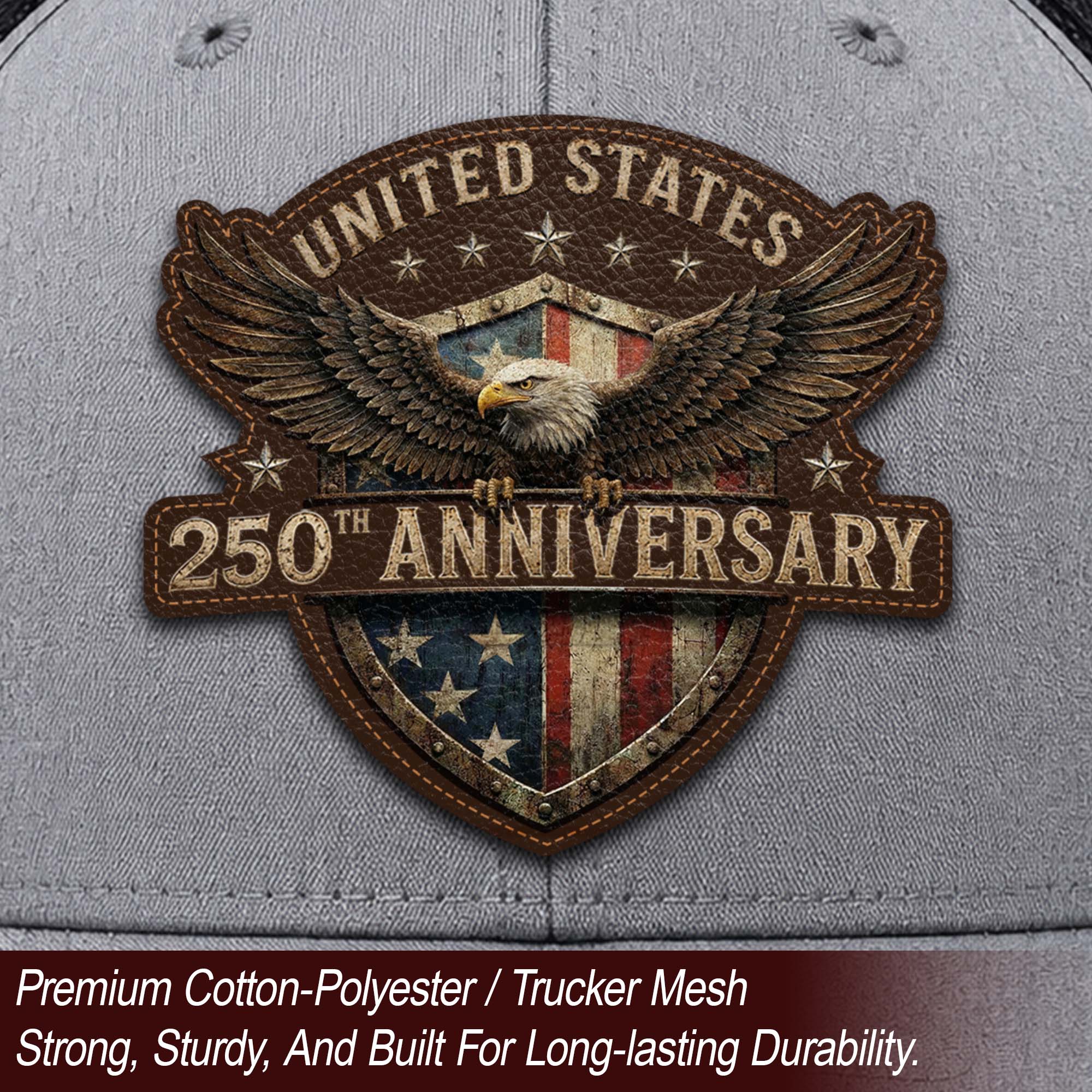 Leather Patch Hat US 250th Anniversary Trucker Cap Patriotic American Eagle Mesh Hat