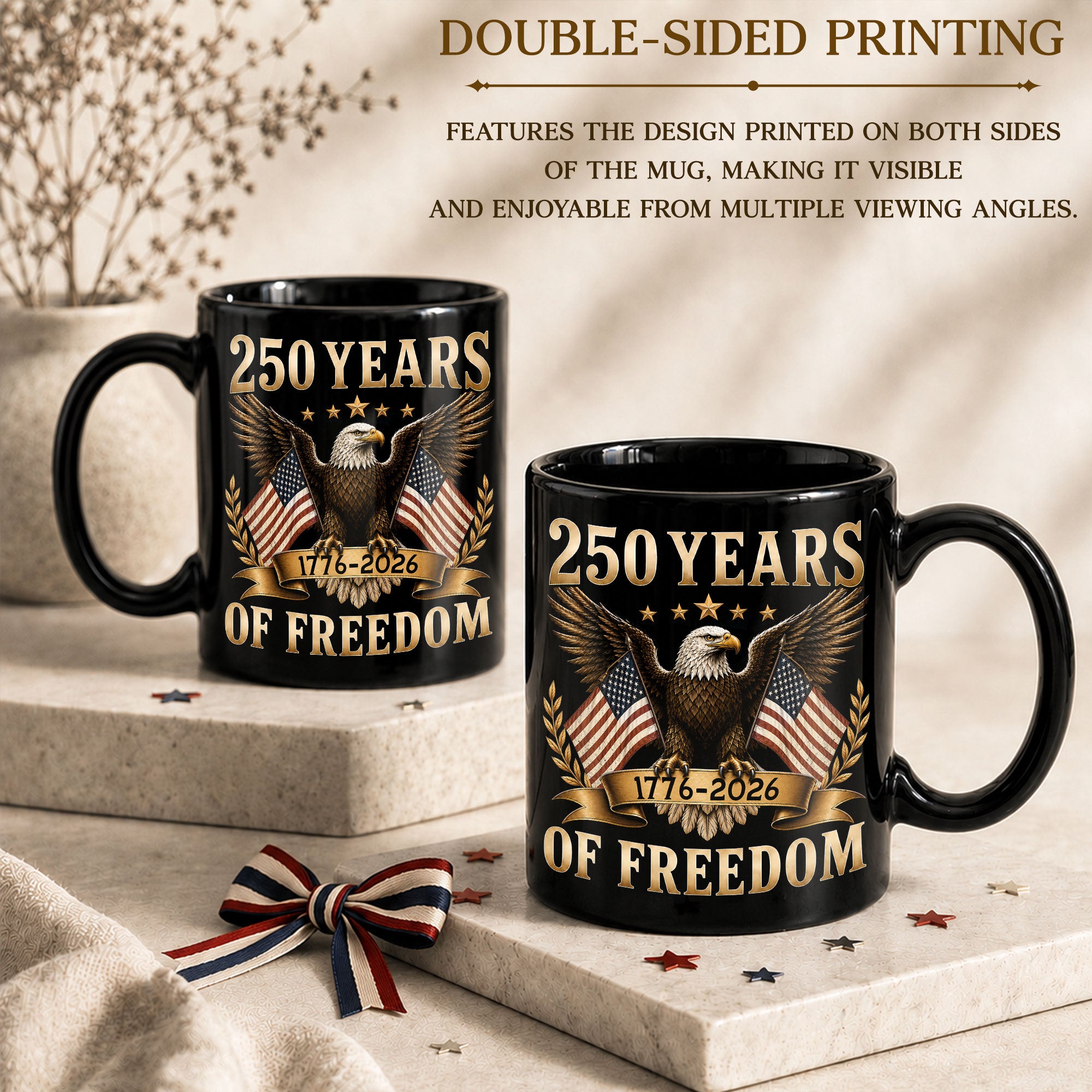 Patriotic Mug 250 Years of Freedom 1776-2026 American Eagle Gold Laurel Ceramic Cup