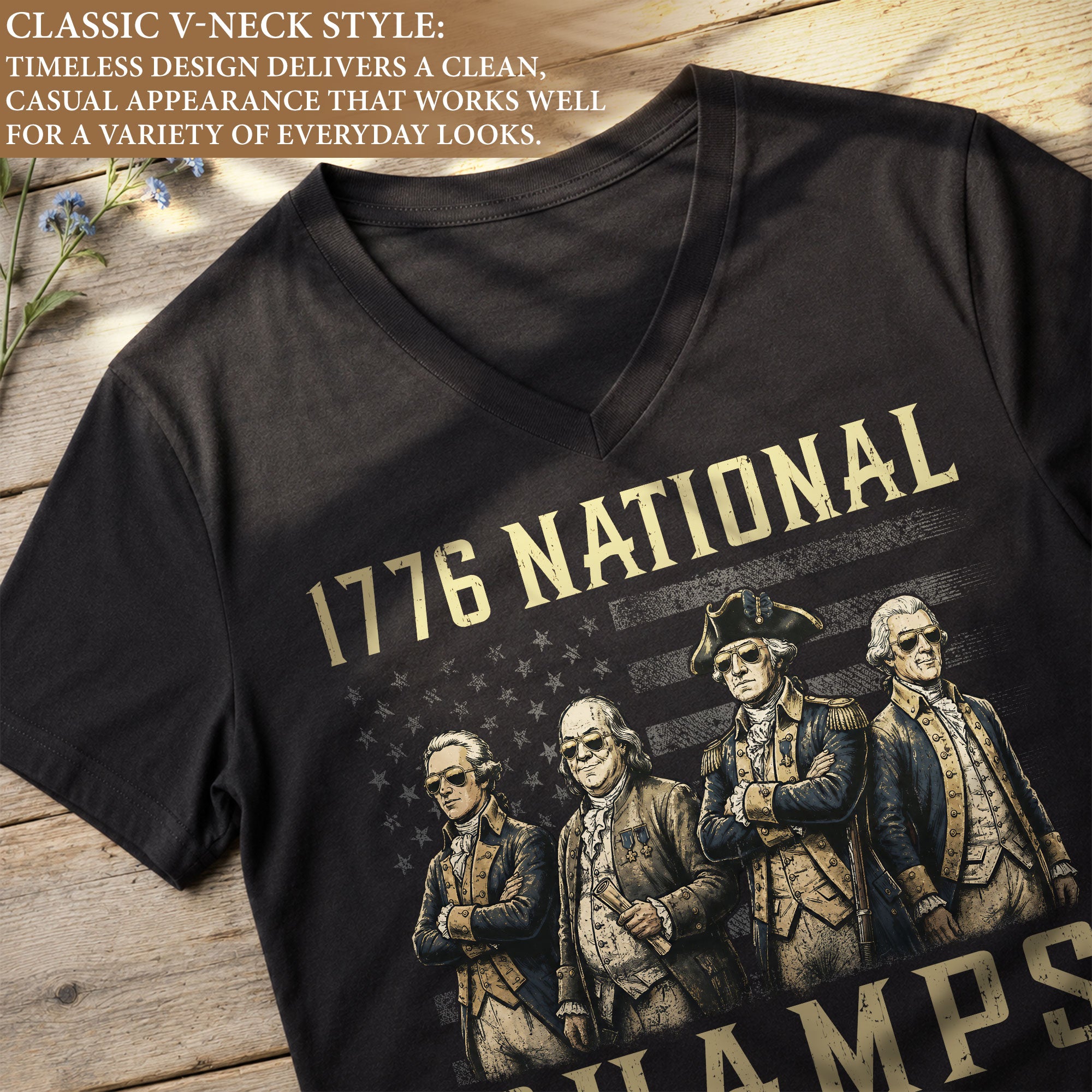 1776 National Champs Women  V-Neck T-Shirt - Cool Founding Fathers American Flag Graphic