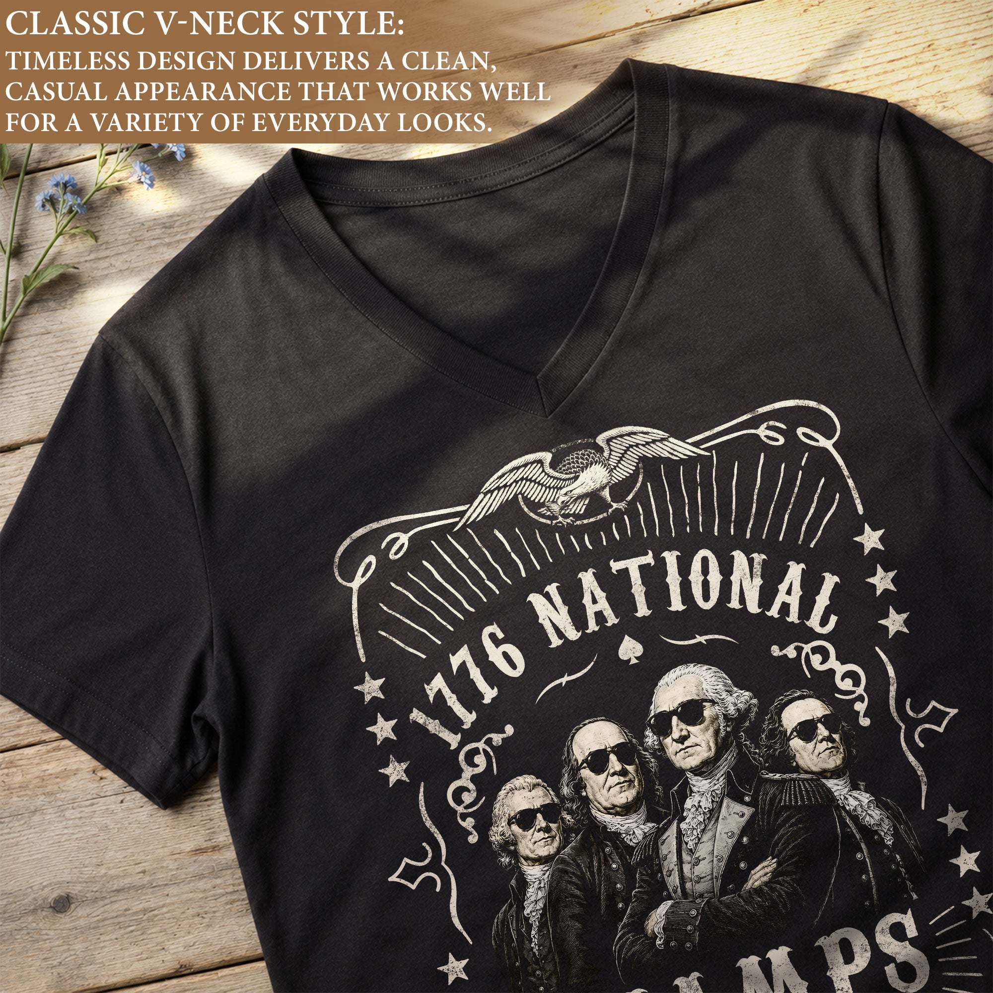 Women’s 1776 National Champs V-Neck Tee - Retro American History Graphic Apparel Shirt
