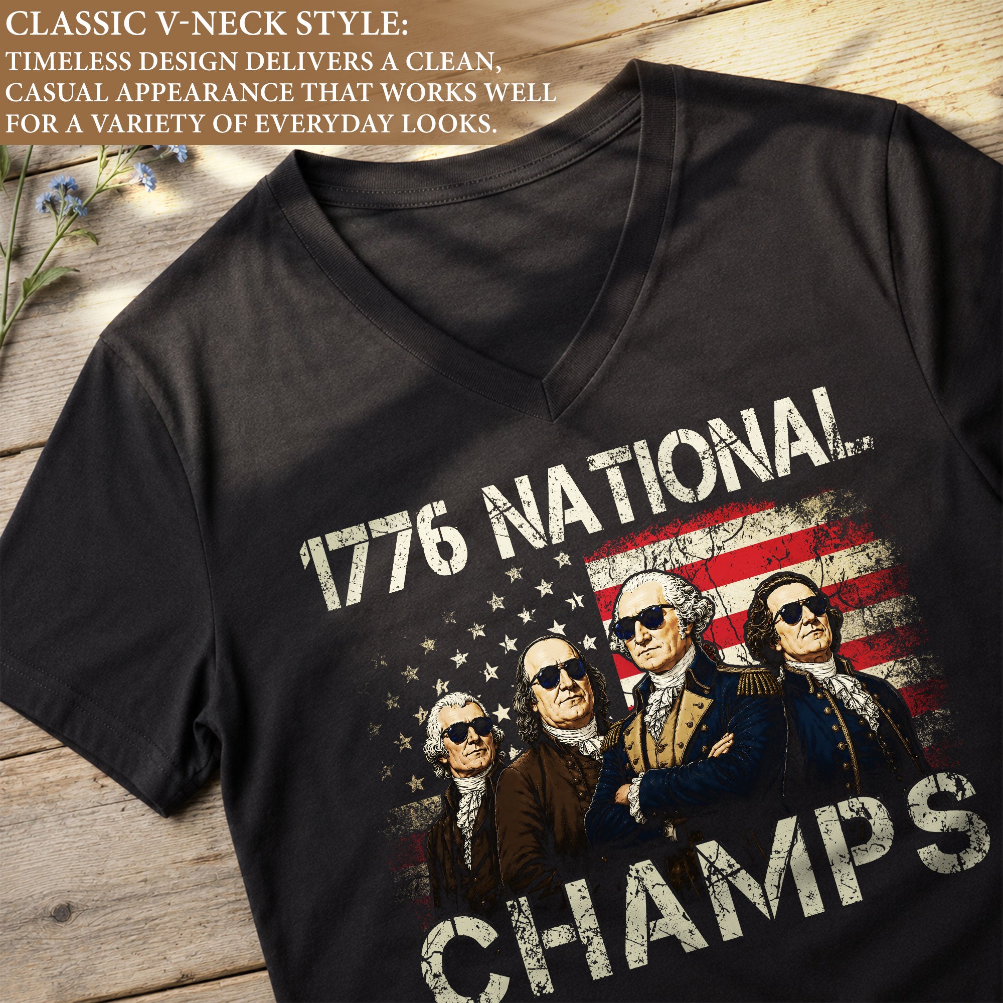 1776 National Champs Women  V-Neck T-Shirt - Retro Founding Fathers American Flag Design Tee