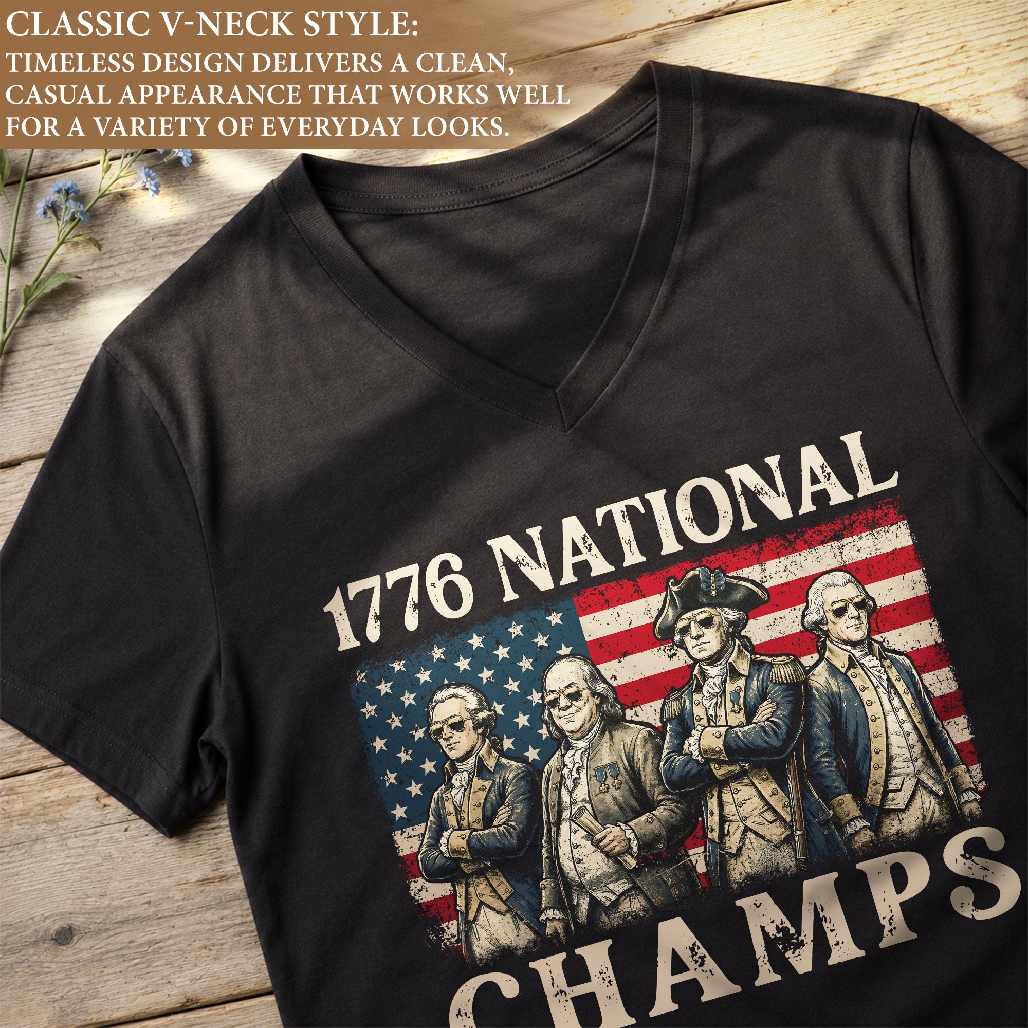 Women’s 1776 National Champs Black V-Neck Tee - Vintage American History Graphic Apparel