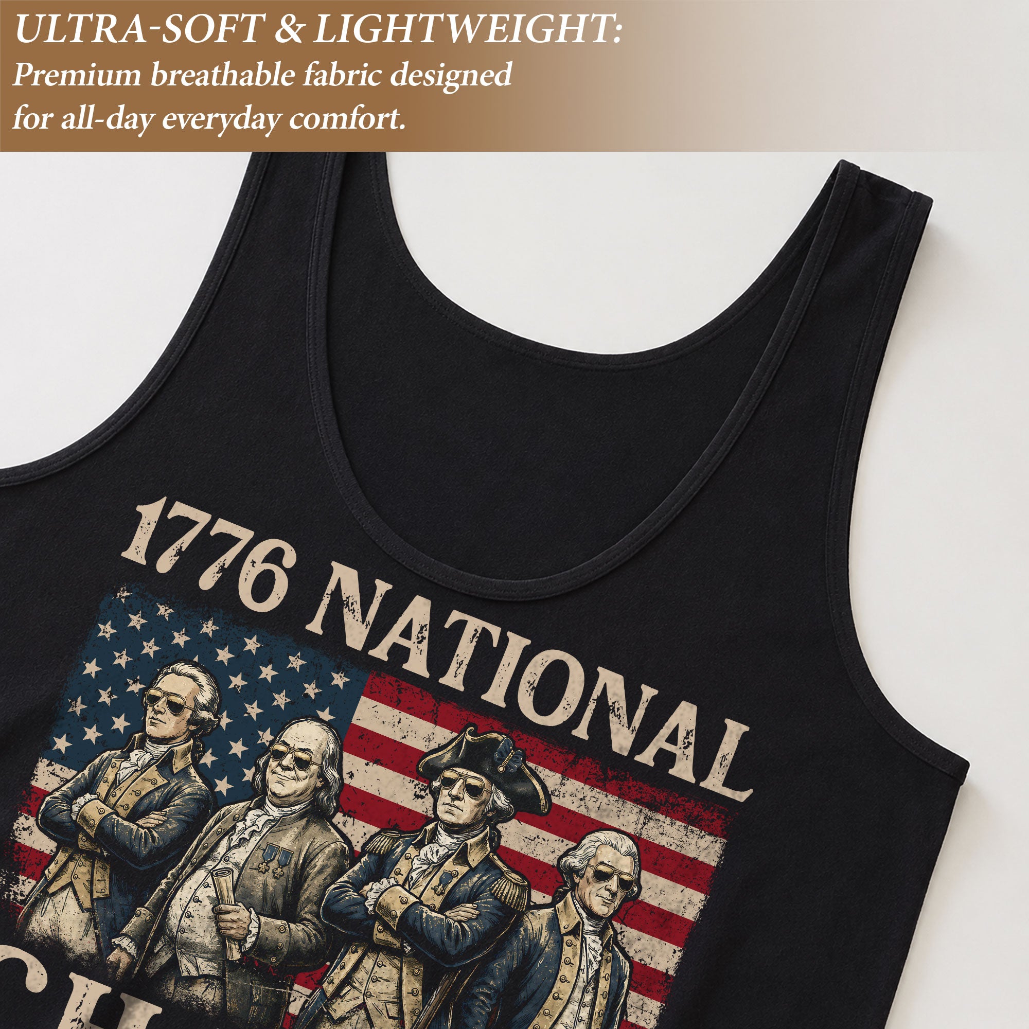 1776 National Champs Black Tank Top for Women - Patriotic American History Graphic Tee
