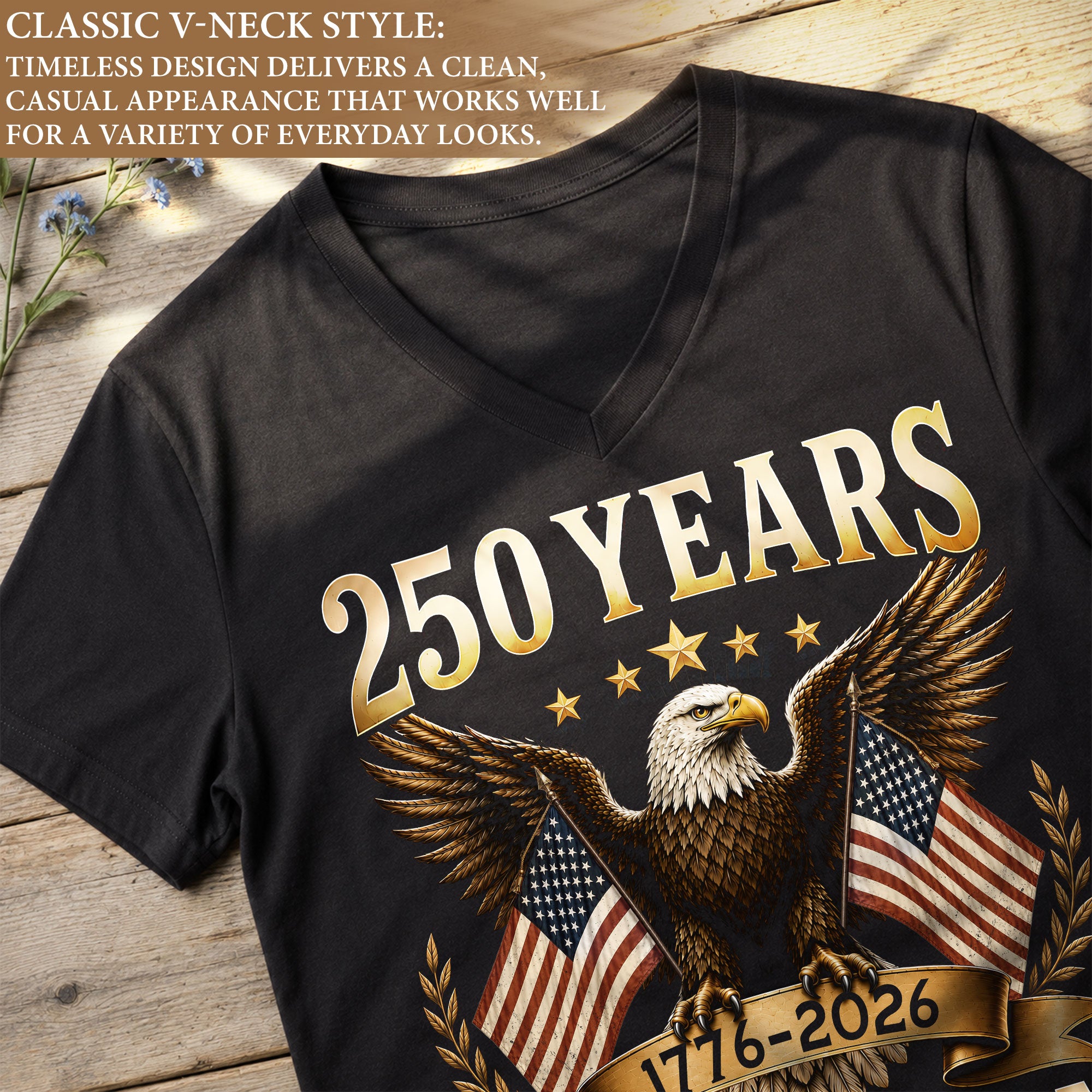 Women V Neck 250 Years of Freedom Shirt 1776 2026 Gold Eagle Patriotic US Flag Tee