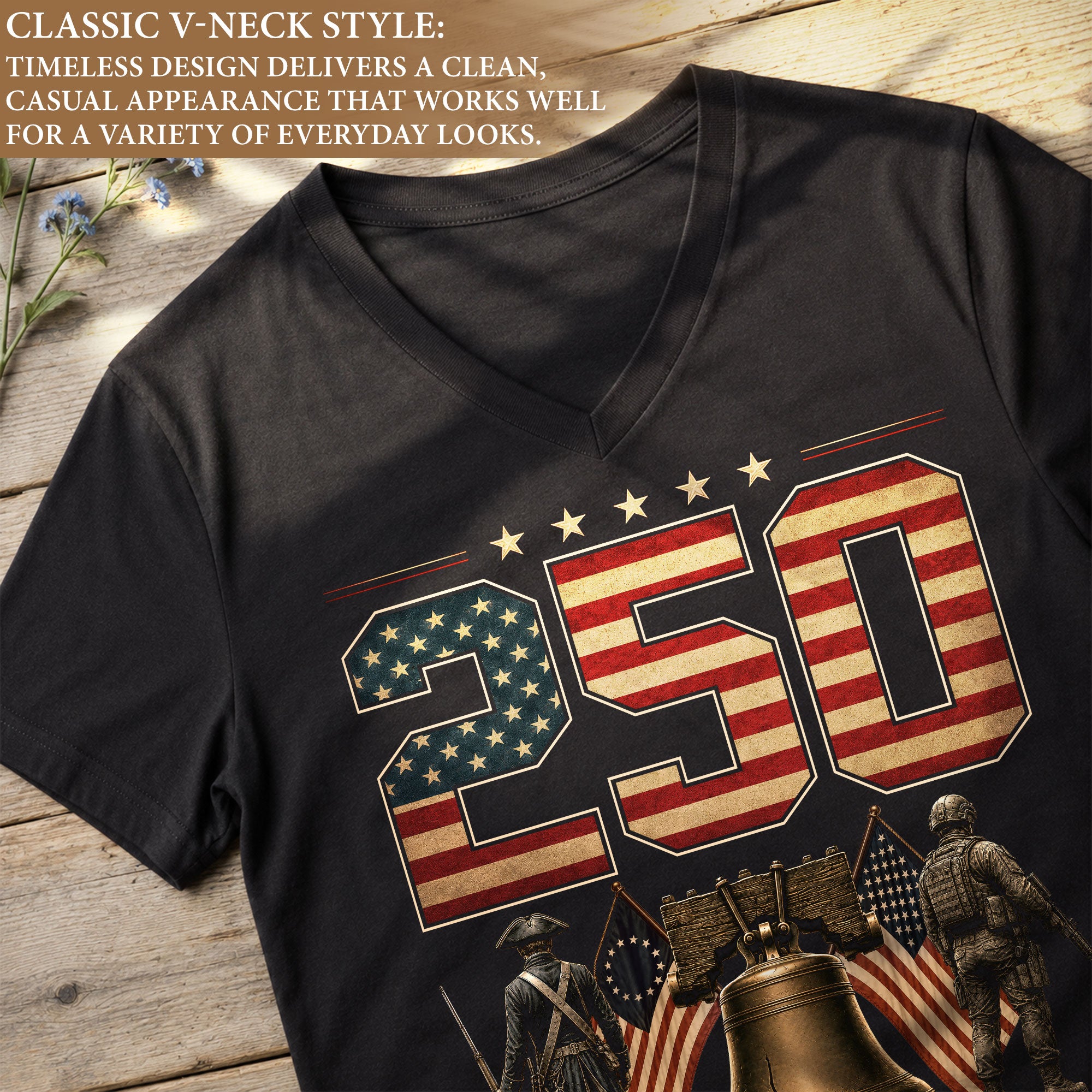 Women V Neck 250 Years of Freedom Shirt 1776 2026 Liberty Bell Patriotic Soldier Tee