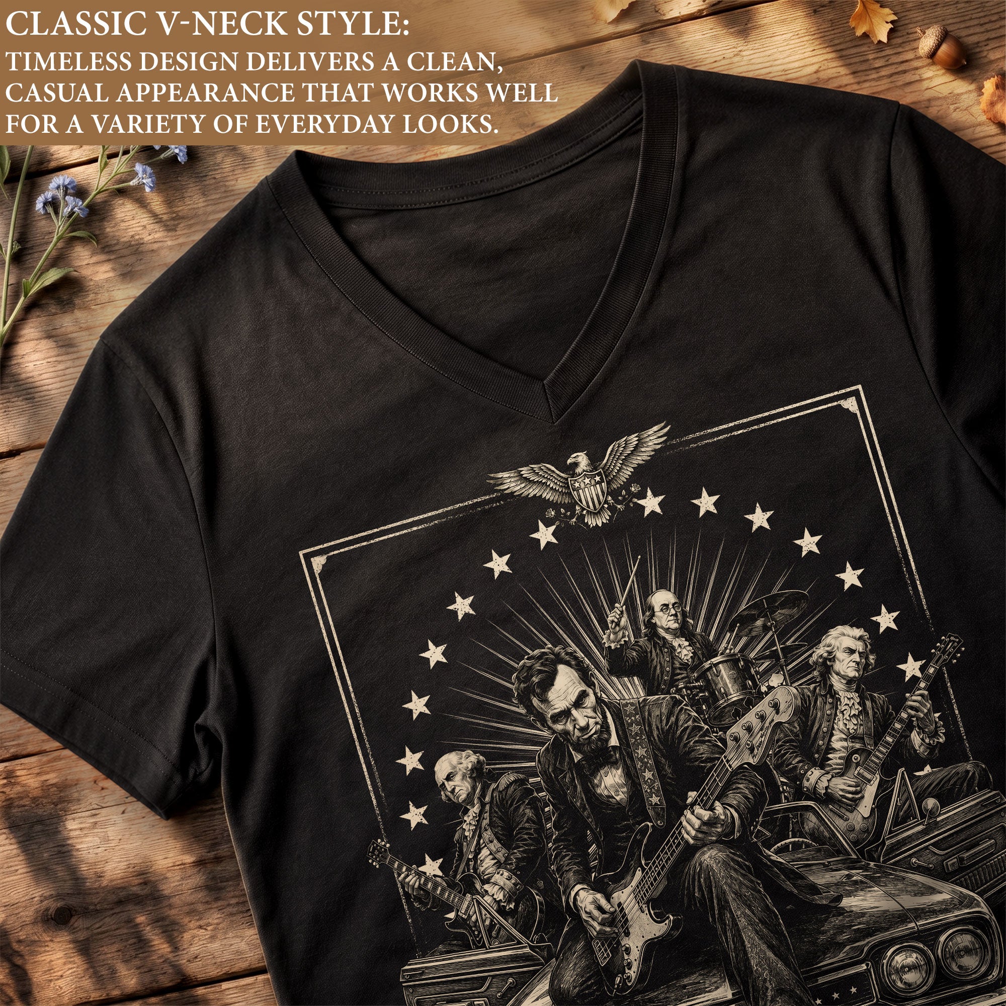 Lincoln Playing Guitar Vintage V-Neck Graphic T Shirt Patriotic Band Women's Top
