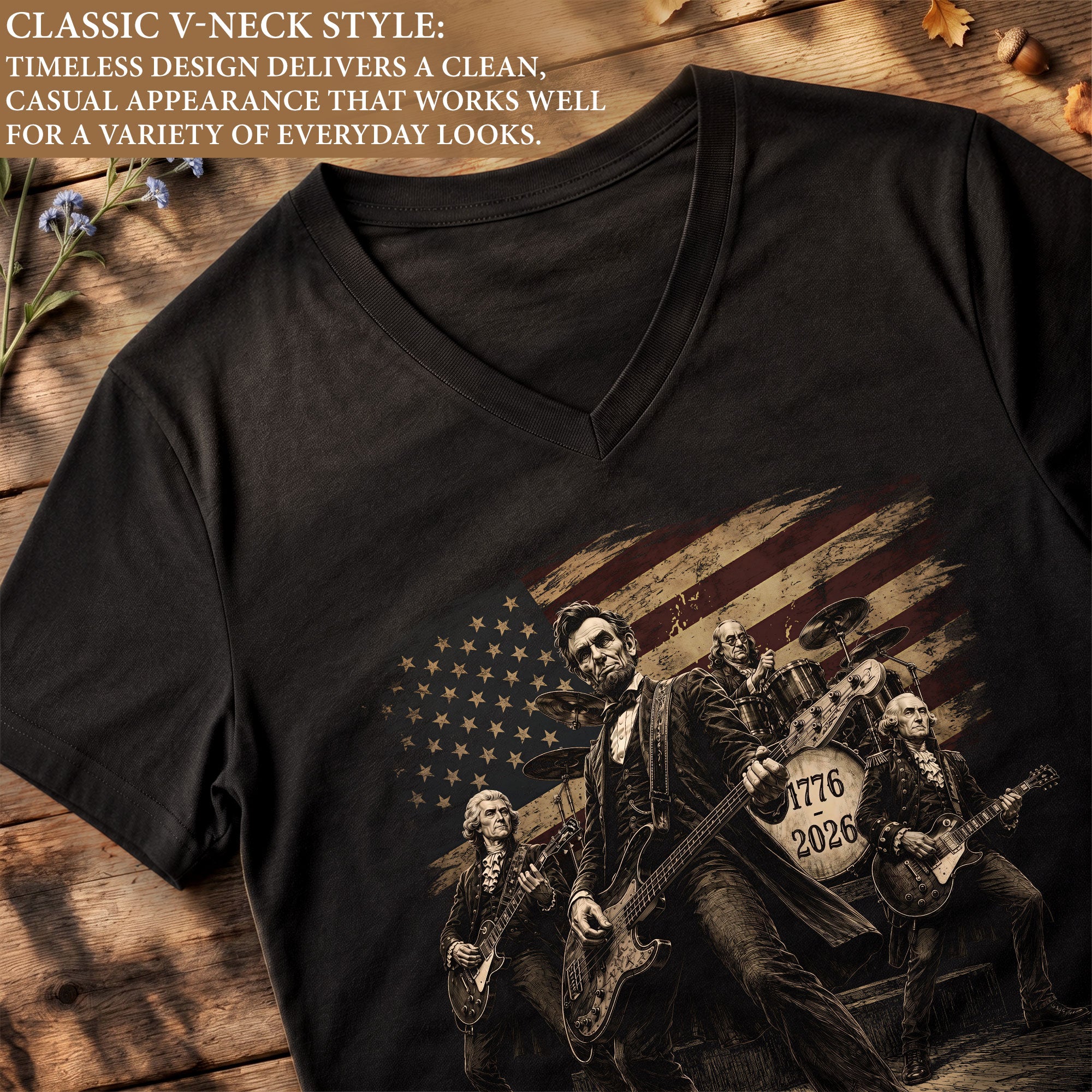 Lincoln & Founders Rock Band V-Neck T Shirt Patriotic 1776-2026 Graphic Women's Top