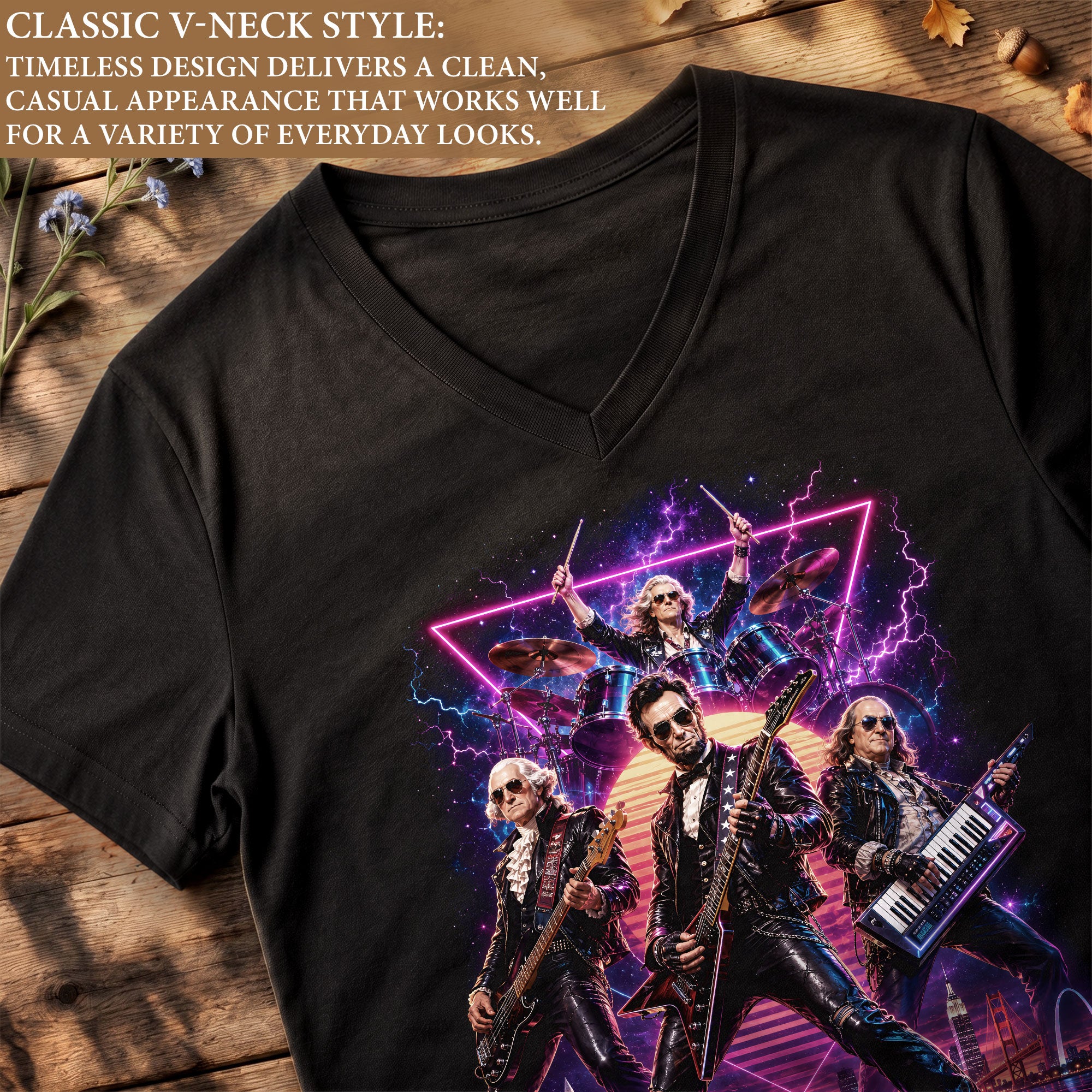 Presidential Rockers Synthwave V-Neck Graphic Shirt Patriotic Women's Casual Tee