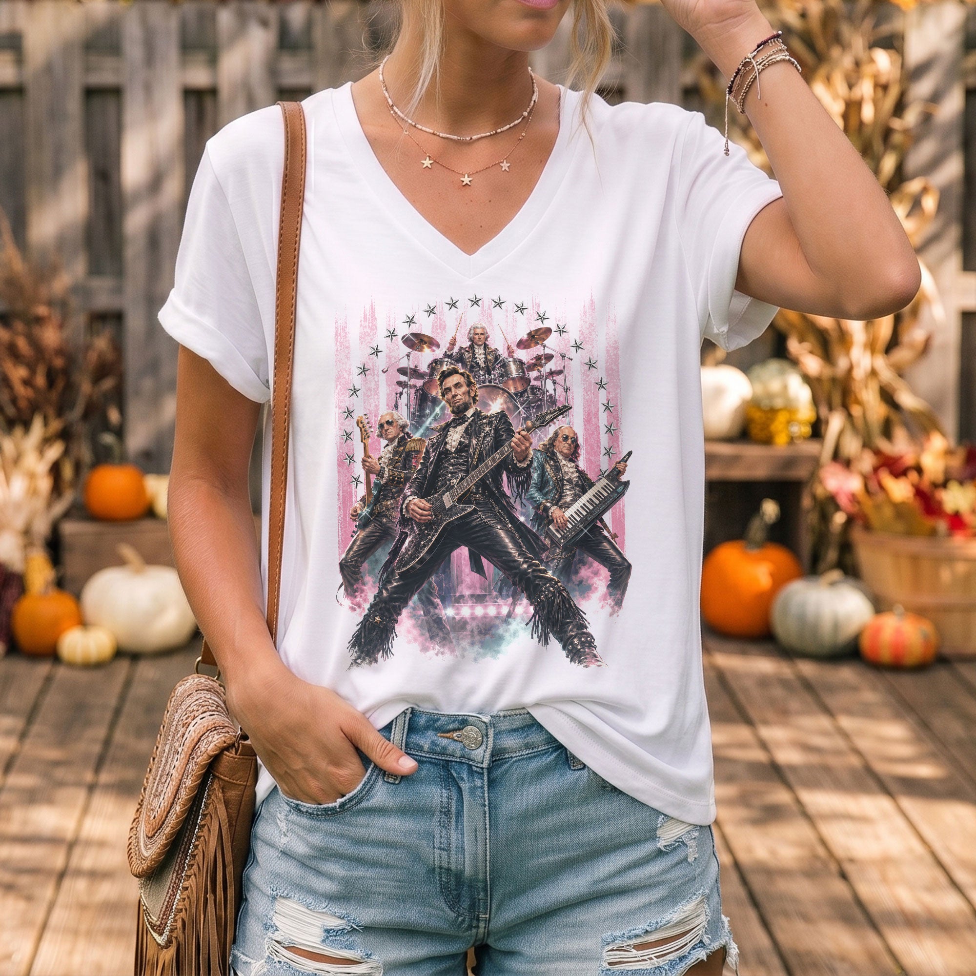 Vintage Presidential Band V-Neck Graphic Shirt Pink Patriotic Women's Apparel Top