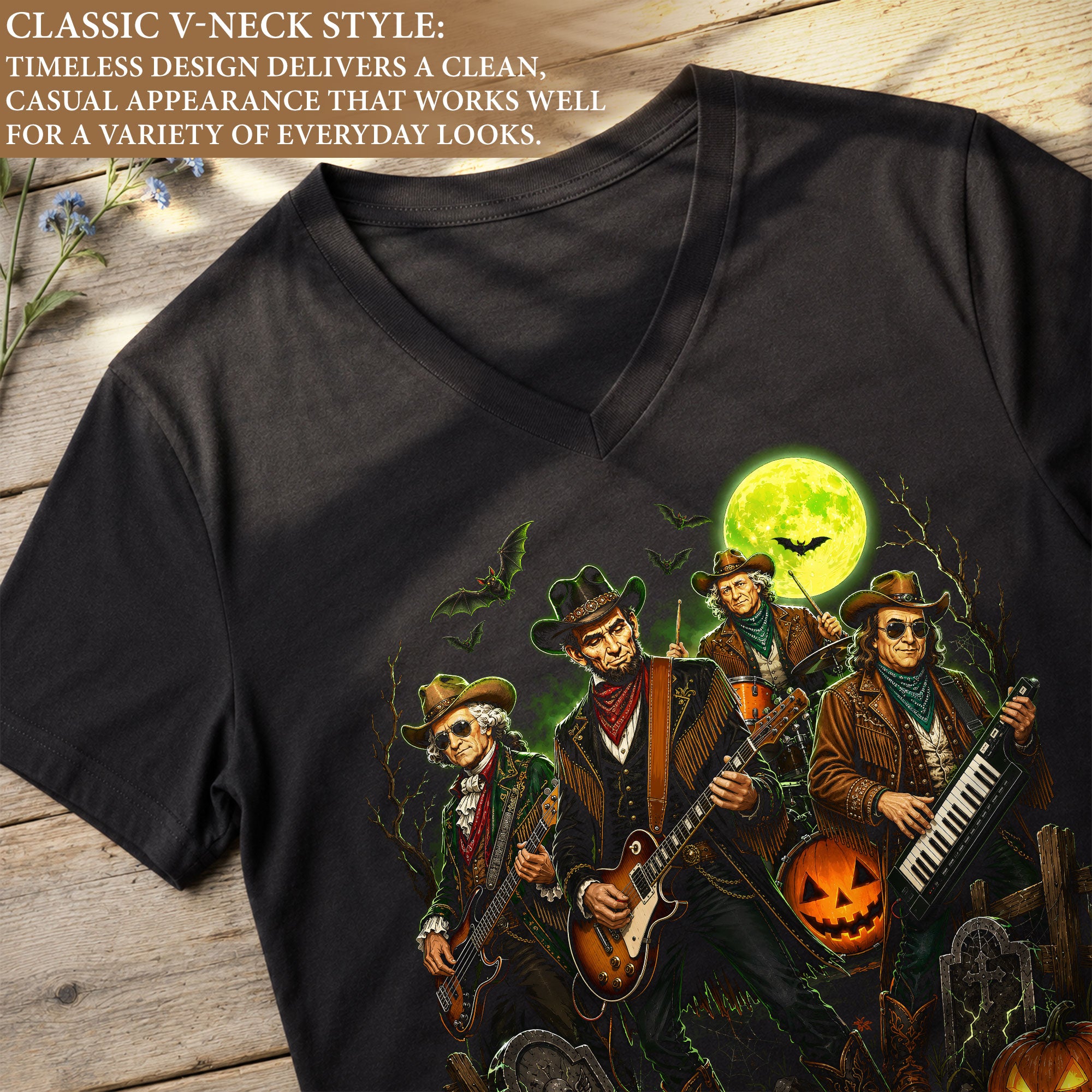 Halloween Lincoln Playing Guitar V-Neck Shirt Women Spooky Historical Rock Band Tee
