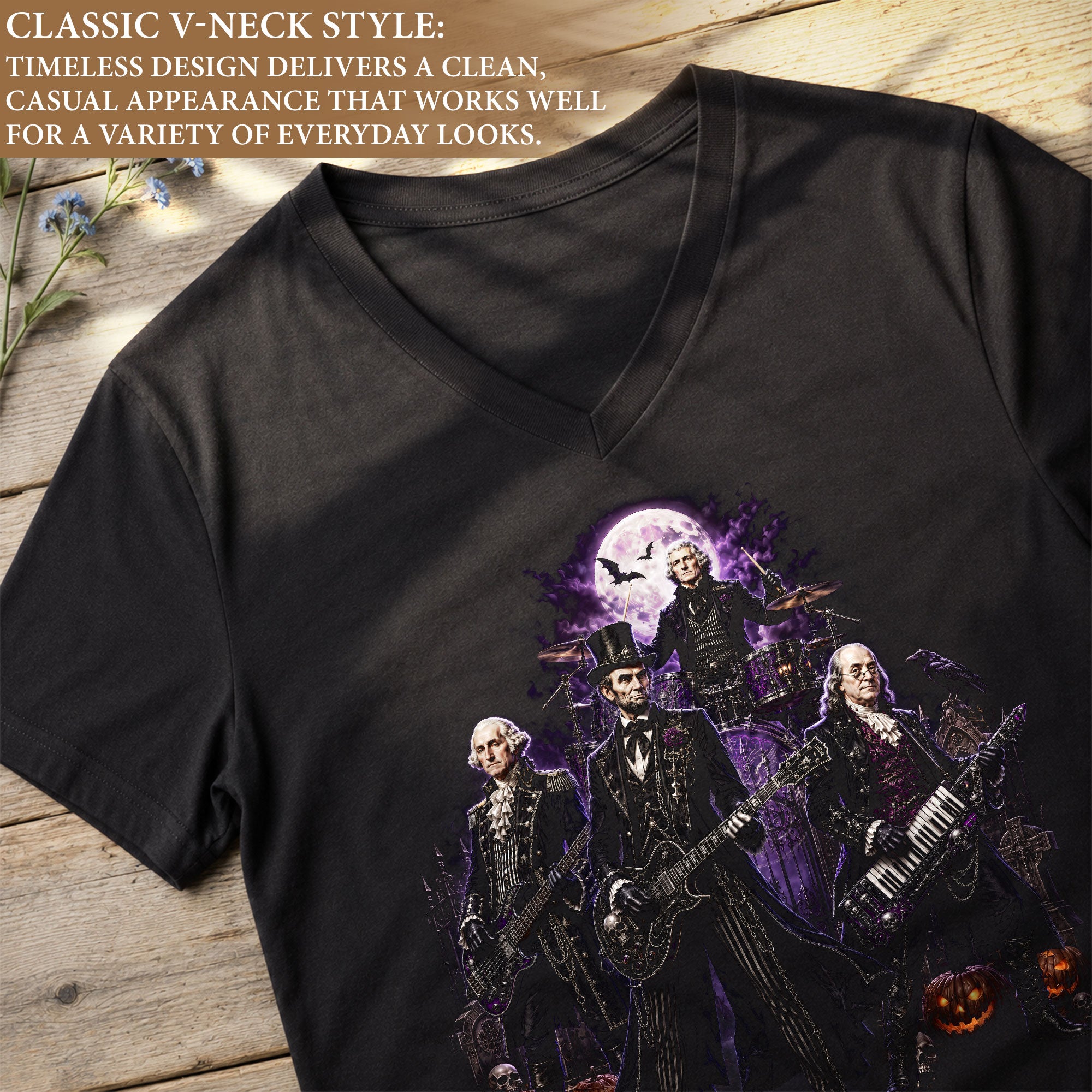 Founding Fathers Rock Band Halloween V-Neck Shirt Women Lincoln Playing Guitar Tee