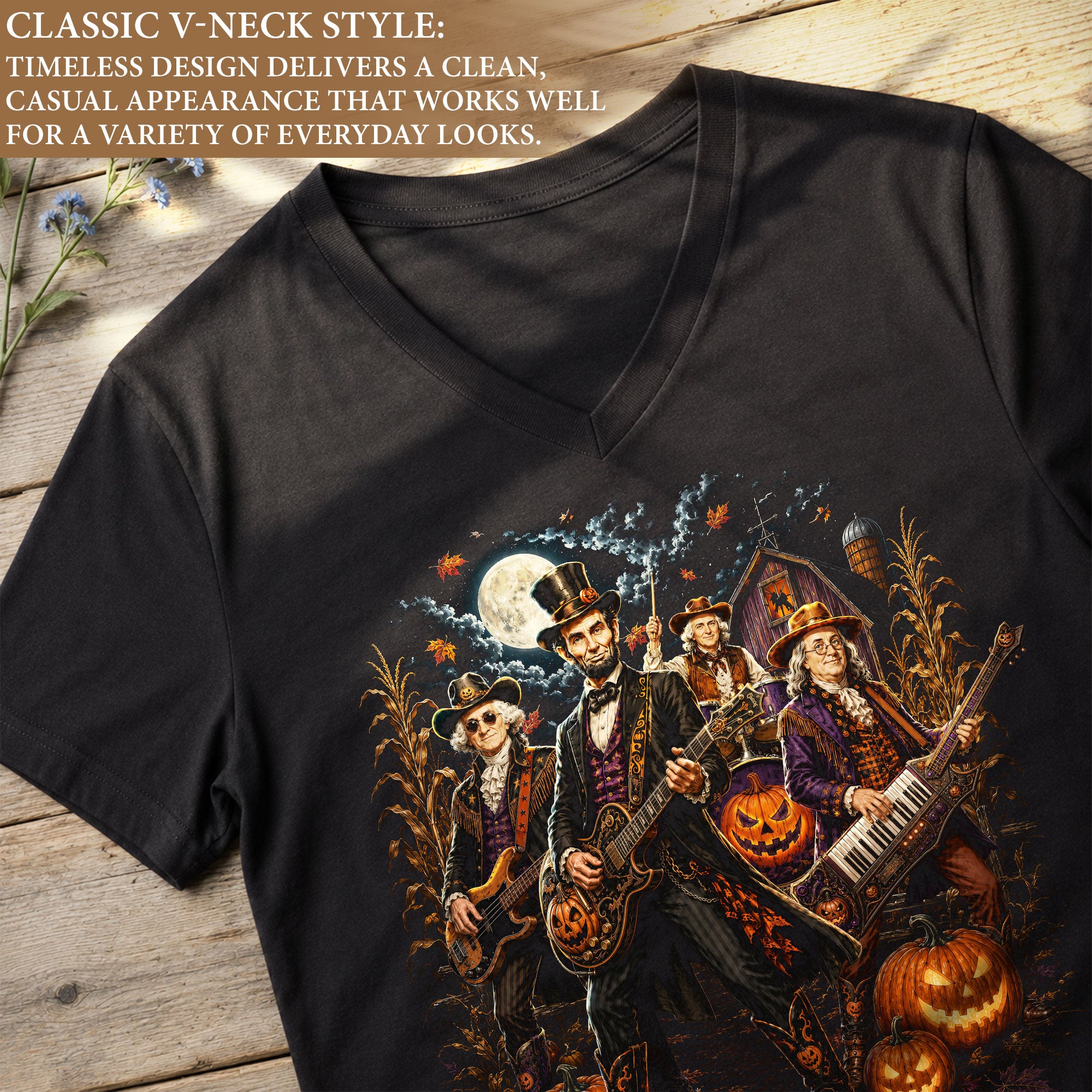 Lincoln Playing Guitar Halloween V-Neck Shirt Women Spooky Presidents Cornfield Tee