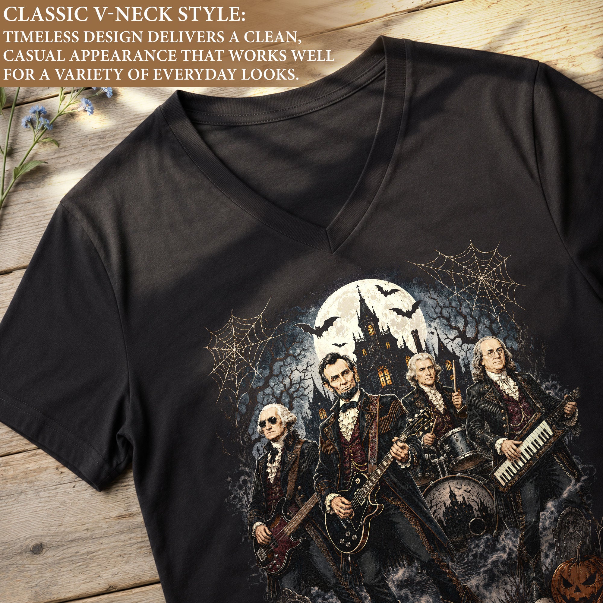 Lincoln Playing Guitar Halloween V-Neck Shirt Women Spooky Haunted Castle Band Tee