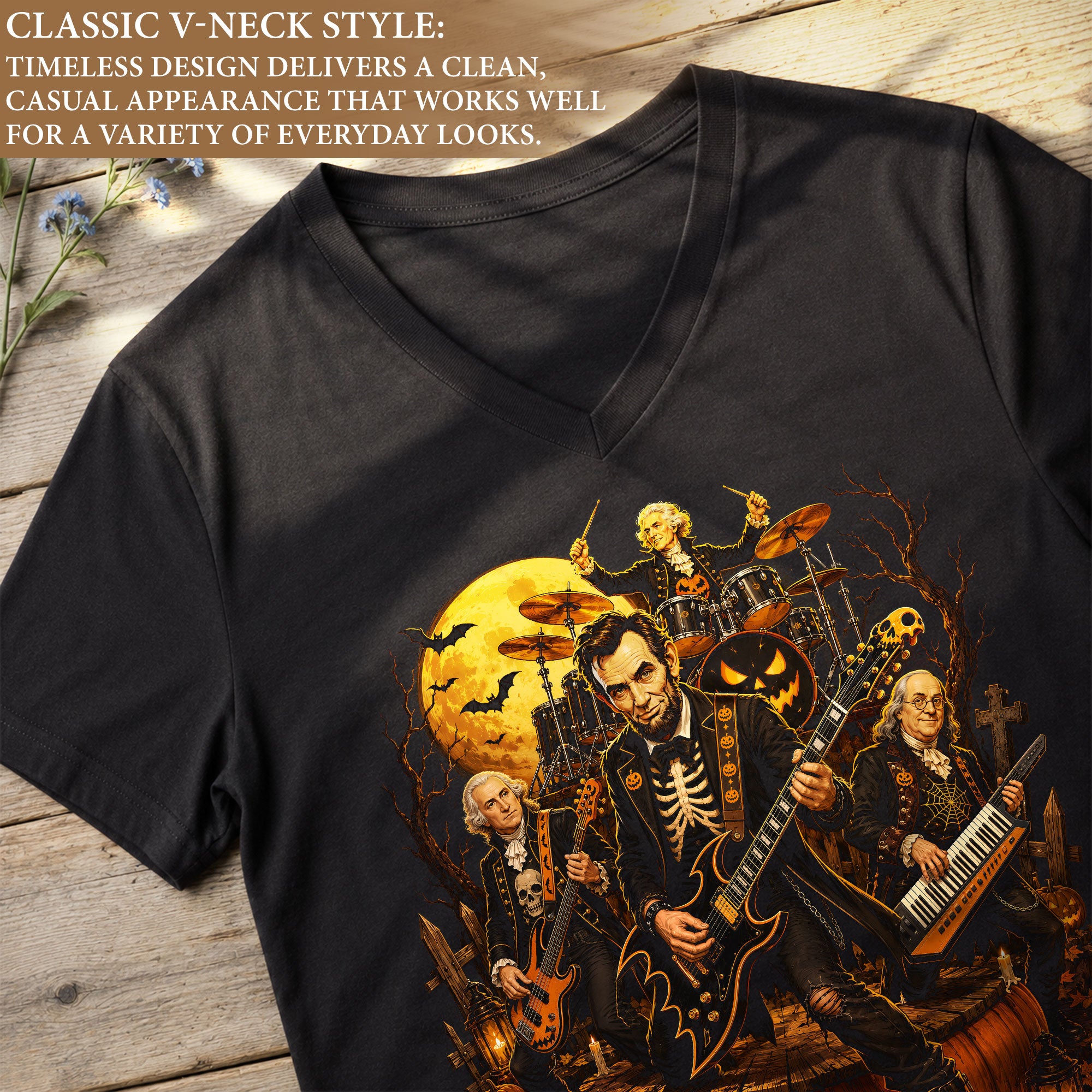 Lincoln Skeleton Guitar Halloween V-Neck Shirt Women Spooky Giant Pumpkin Band Tee