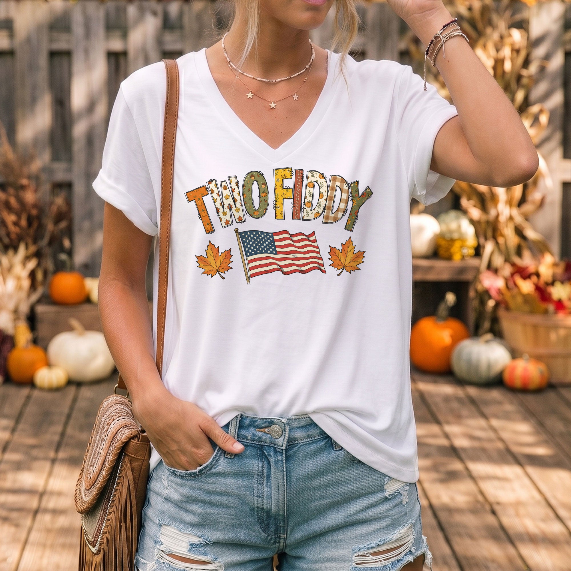 Two Fiddy Fall Flag Graphic V-Neck T-Shirt Patriotic Autumn Women's Casual Fashion Top