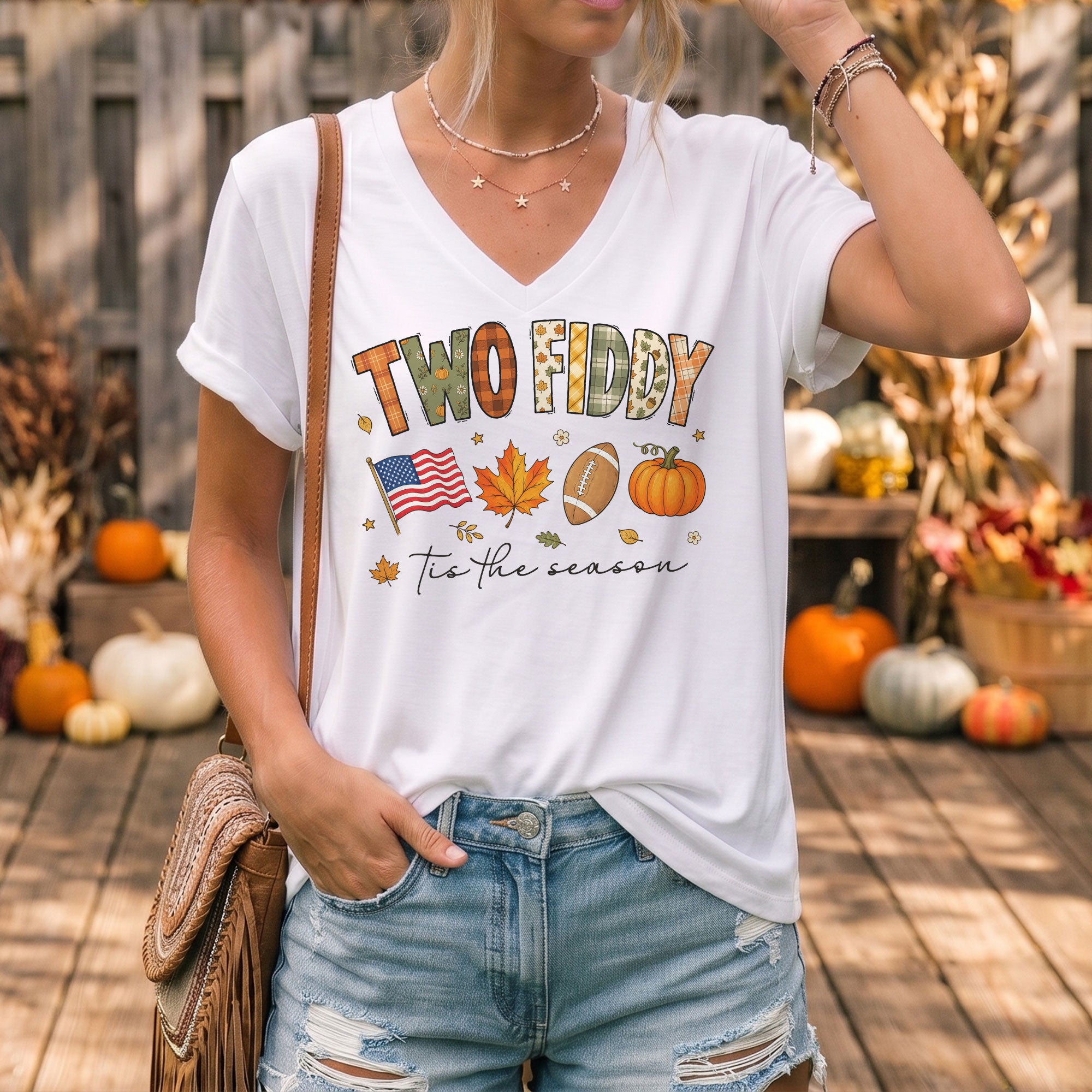 Two Fiddy Patriotic Fall Graphic V-Neck Shirt Seasonal USA Flag Women's Casual Wear