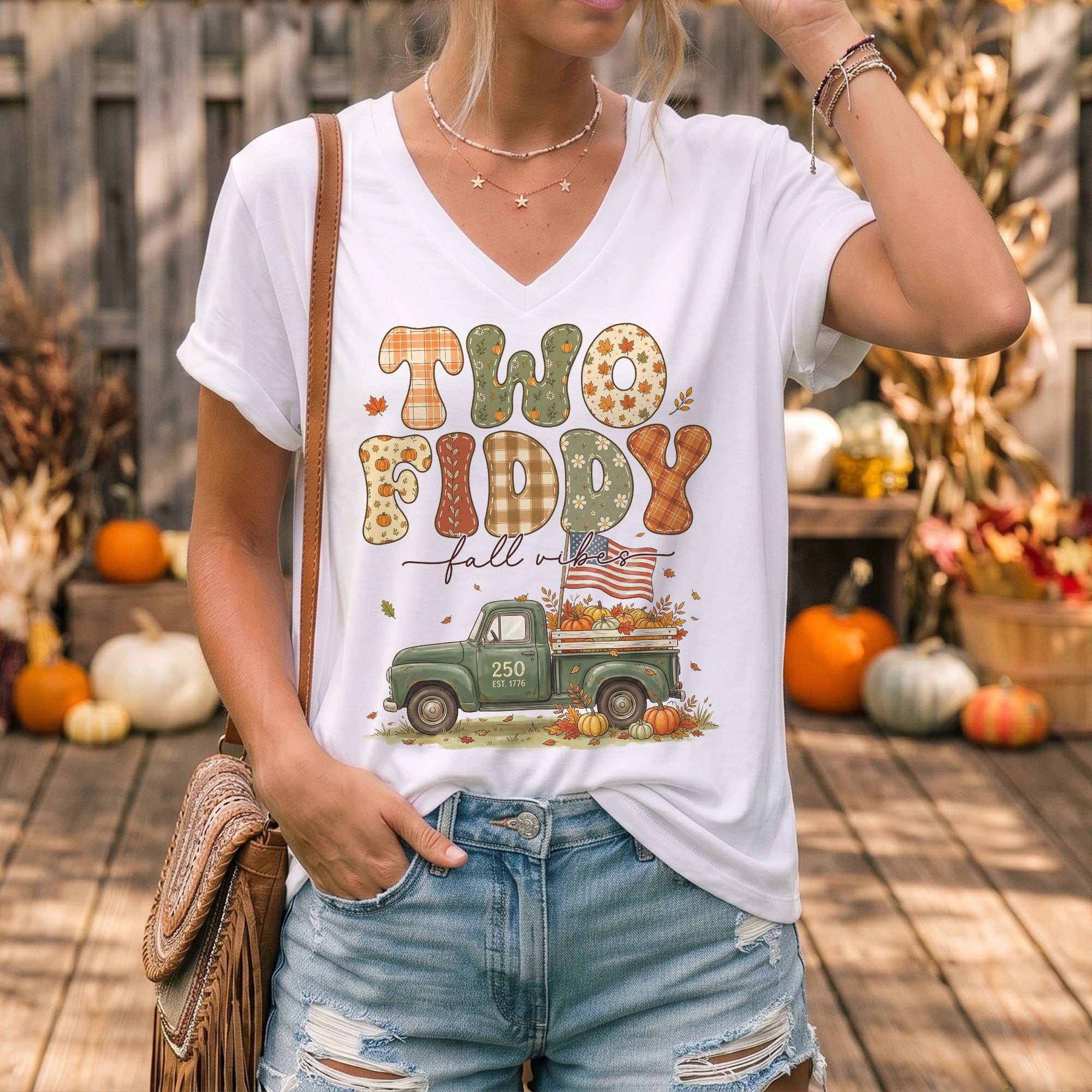 Two Fiddy Fall Vibes V-Neck Graphic T-Shirt Pumpkin Truck Patriotic Women's Casual Top
