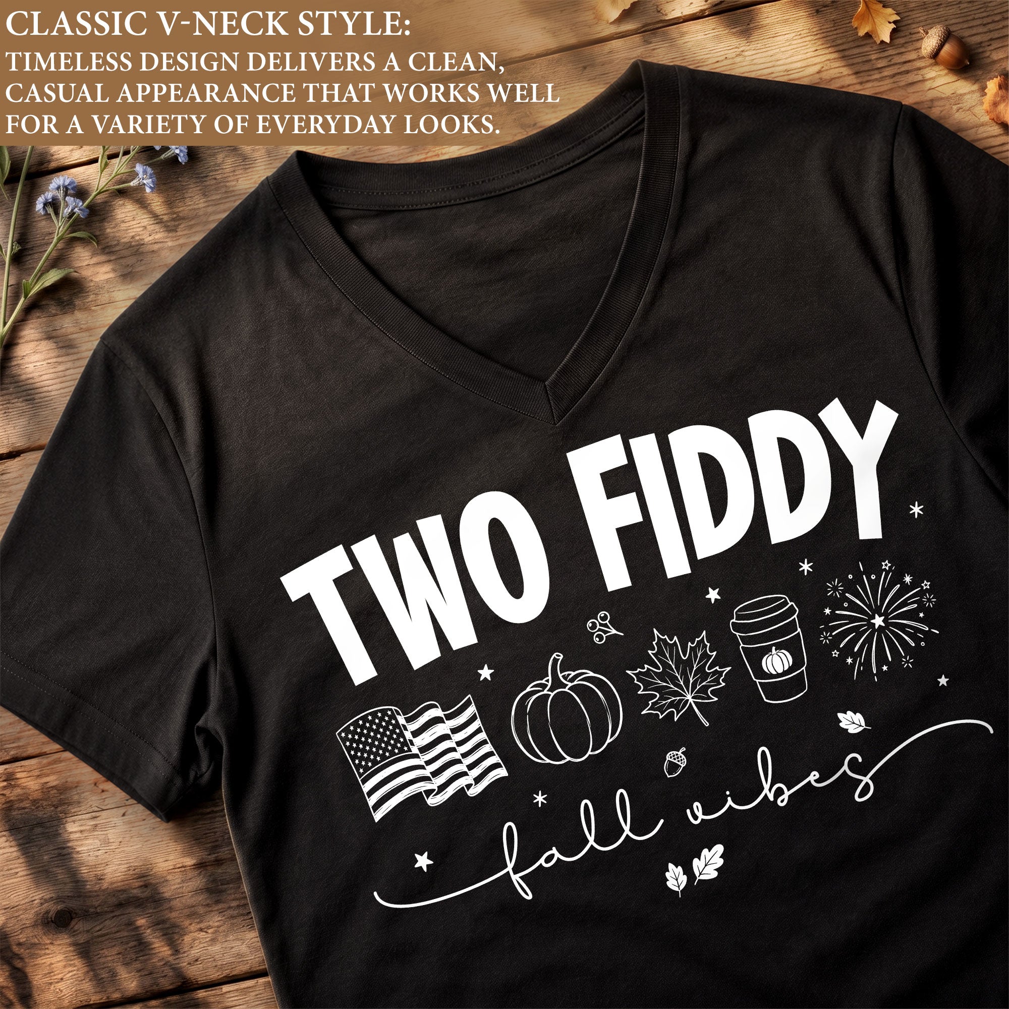 Seasonal Two Fiddy Graphic V-Neck Shirt USA Flag Fall Vibes Women's Casual Apparel