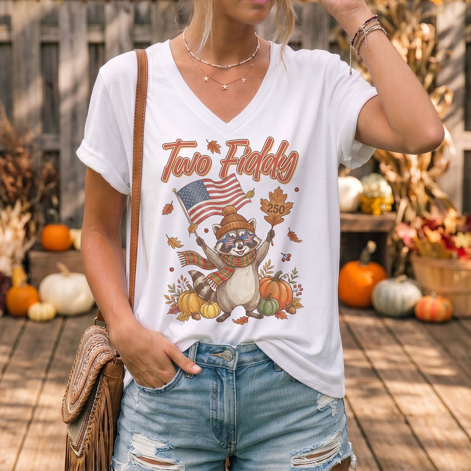 Two Fiddy Patriotic Raccoon V-Neck Graphic T-Shirt Fall Autumn Women's Casual Top