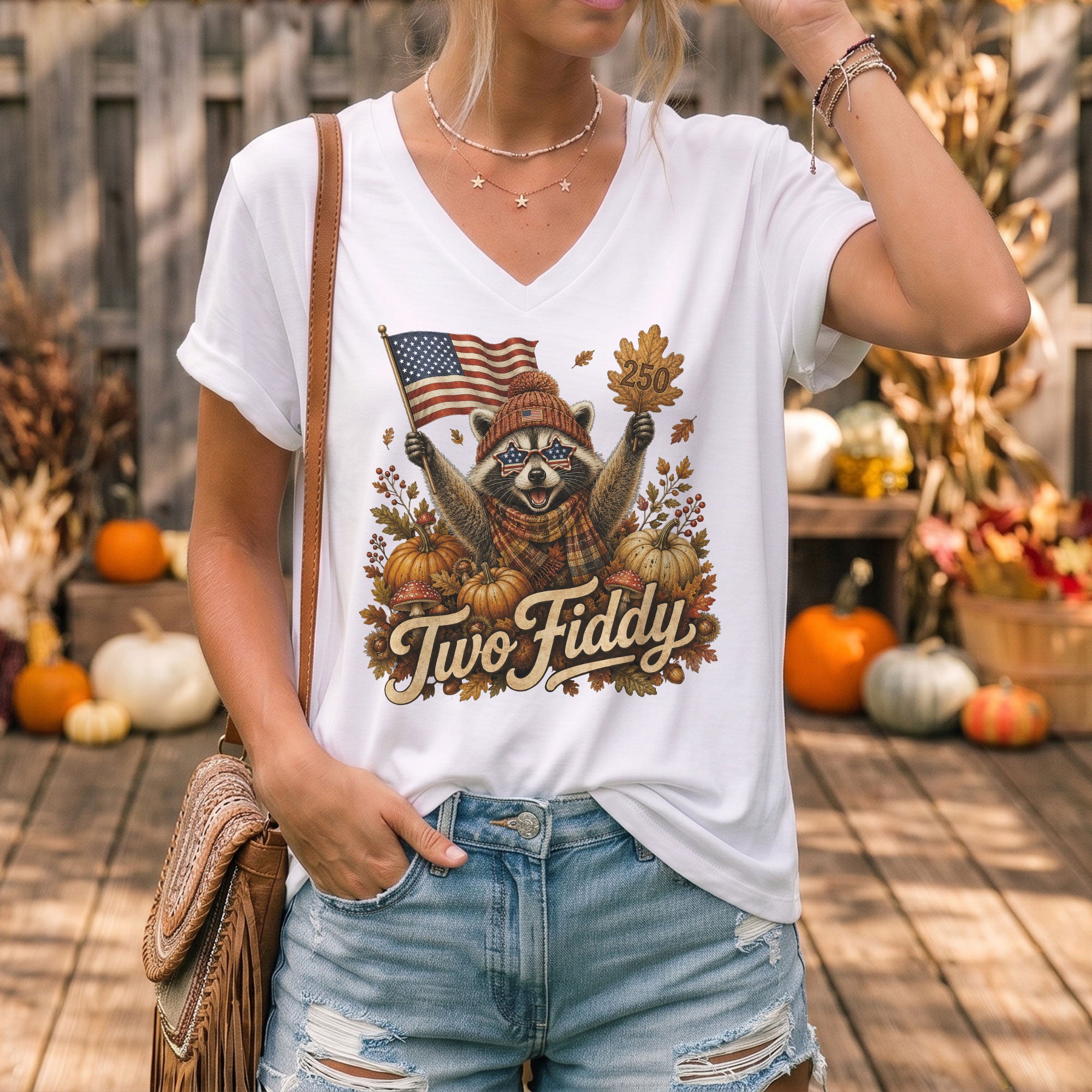 Autumn Seasonal Two Fiddy Graphic V-Neck Tee USA Flag Raccoon Women's Casual Style Shirt