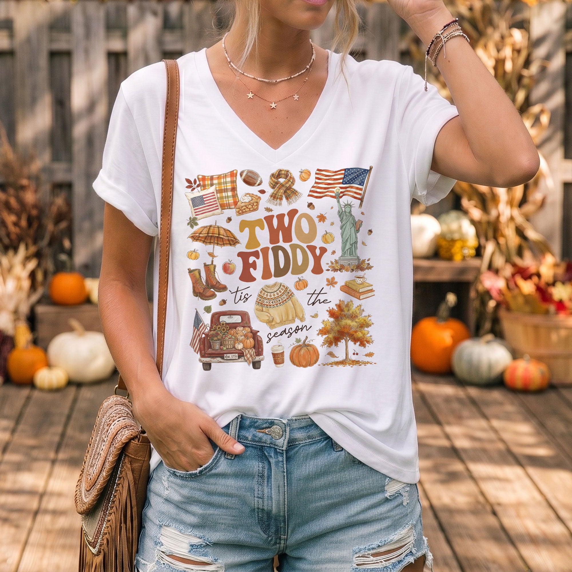Two Fiddy Patriotic Autumn Graphic V-Neck T-Shirt Seasonal Women's Casual Style Shirt