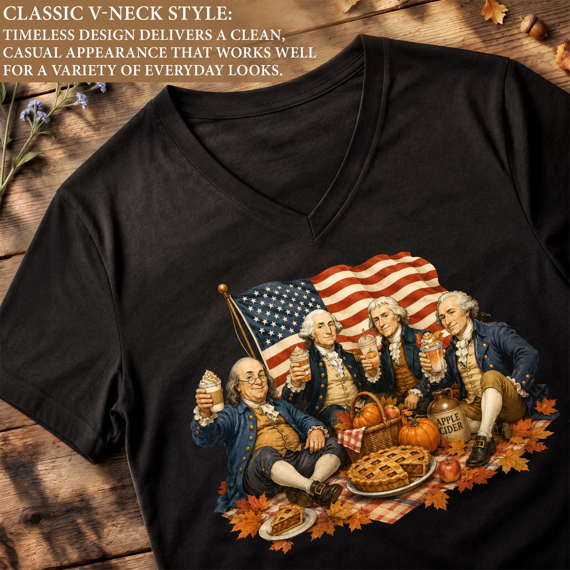 Patriotic Fall V-Neck Shirt Women Cute Founding Fathers Picnic Pumpkin Pie Graphic Tee