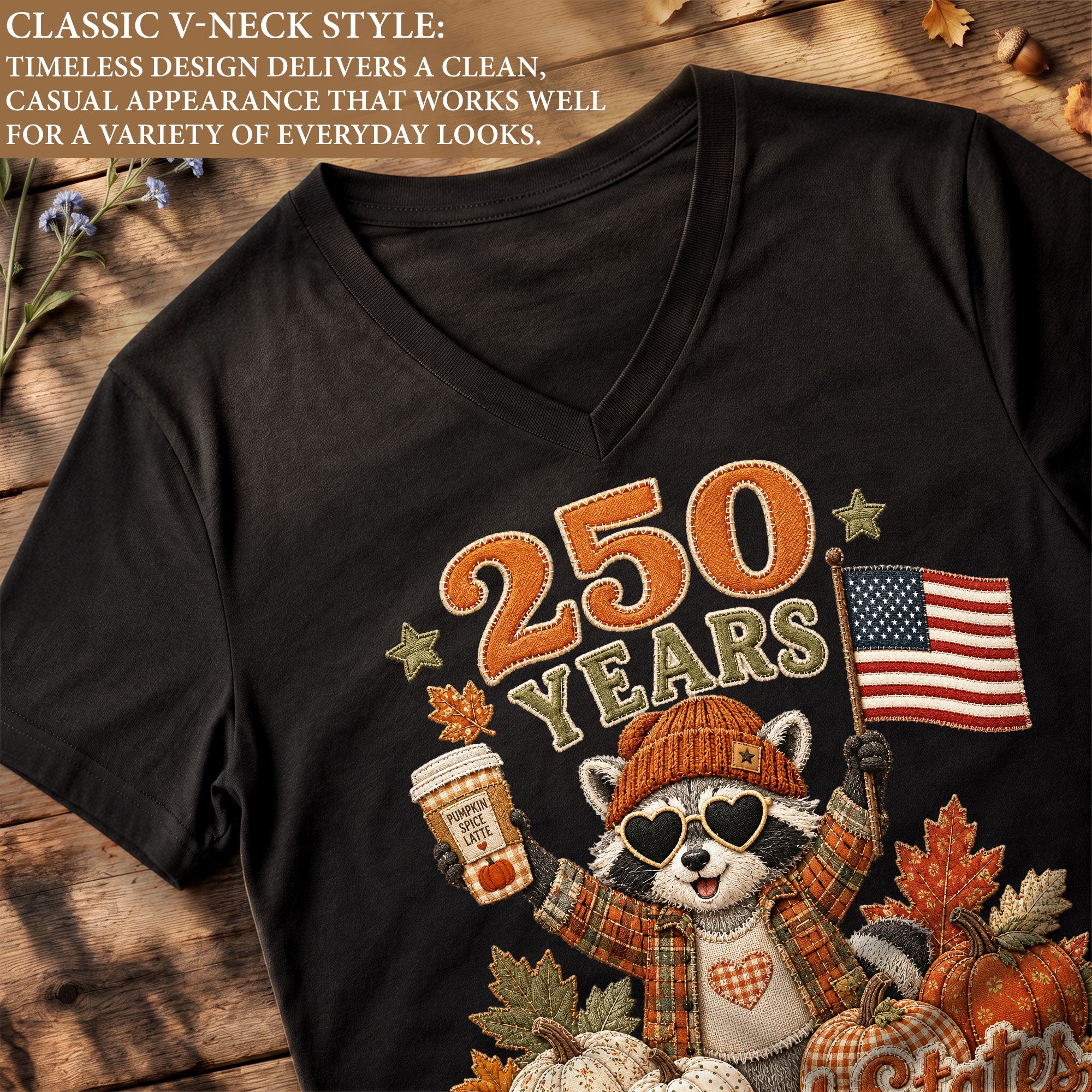 Cute Raccoon Fall V-Neck Shirt Women Spooky Pumpkin Spice Latte Patriotic United States