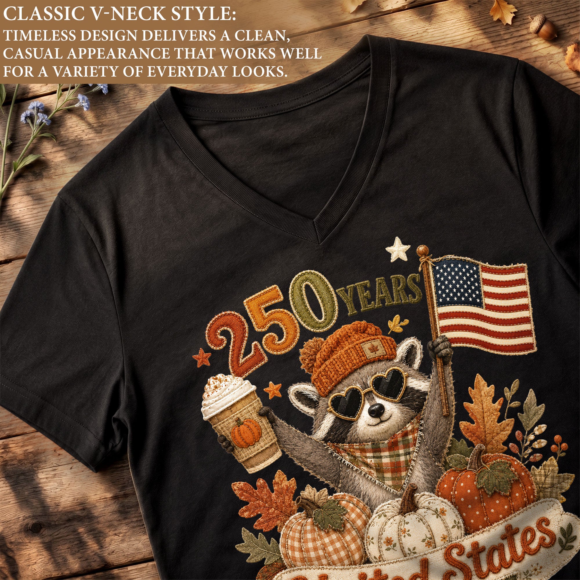 Patriotic Raccoon Fall V-Neck Shirt Women Cute United States Flag Pumpkin Autumn Tee